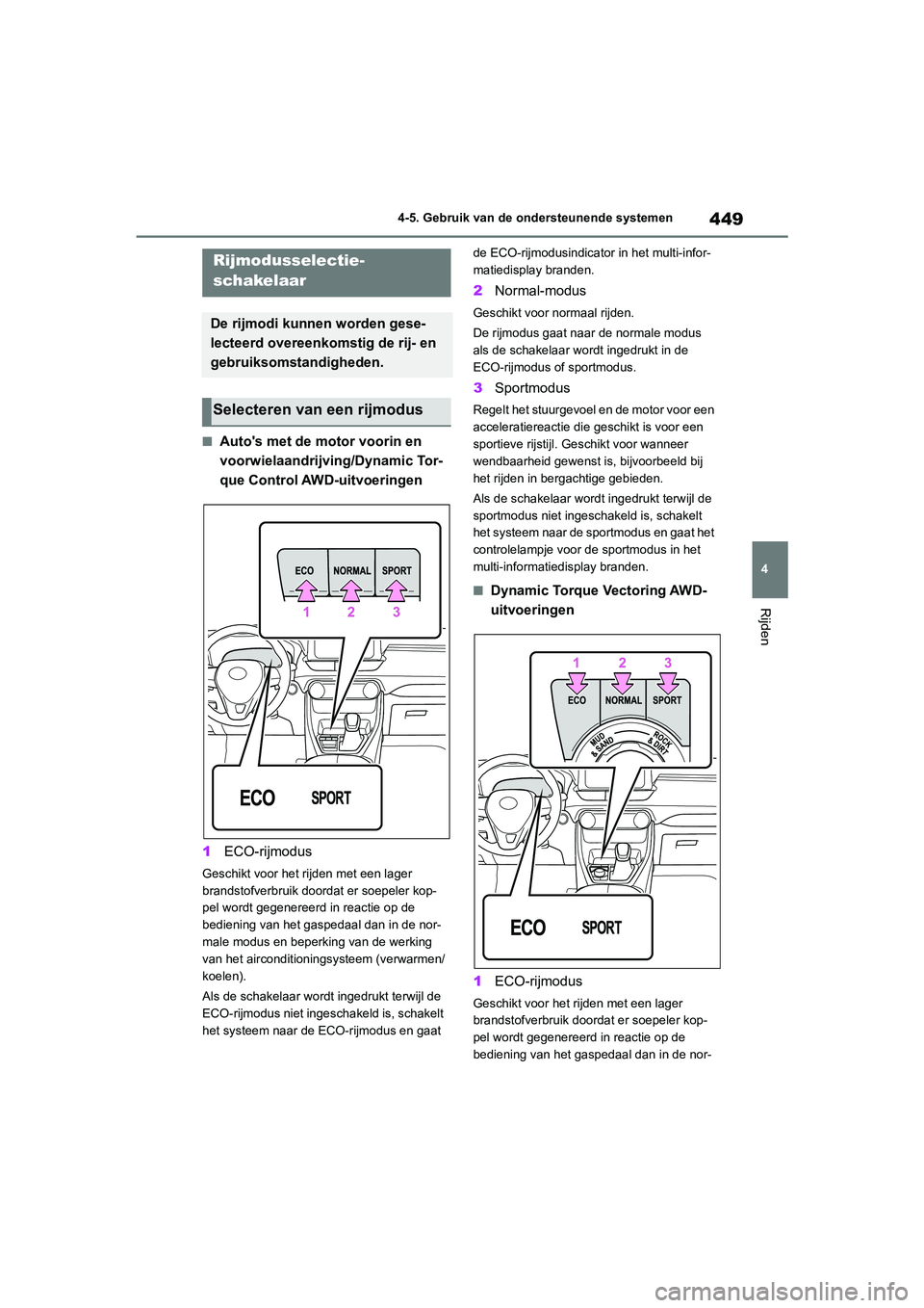 TOYOTA RAV4 2020 Instructieboekje (in Dutch) 449
4
4-5. Gebruik van de ondersteunende systemen
Rijden
■Auto's met de motor voorin en
voorwielaandrijving/Dynamic Tor-
que Control AWD-uitvoeringen
1 ECO-rijmodus
Geschikt voor het rijden met TOYOTA RAV4 2020 Instructieboekje (in Dutch) 449
4
4-5. Gebruik van de ondersteunende systemen
Rijden
■Auto's met de motor voorin en
voorwielaandrijving/Dynamic Tor-
que Control AWD-uitvoeringen
1 ECO-rijmodus
Geschikt voor het rijden met