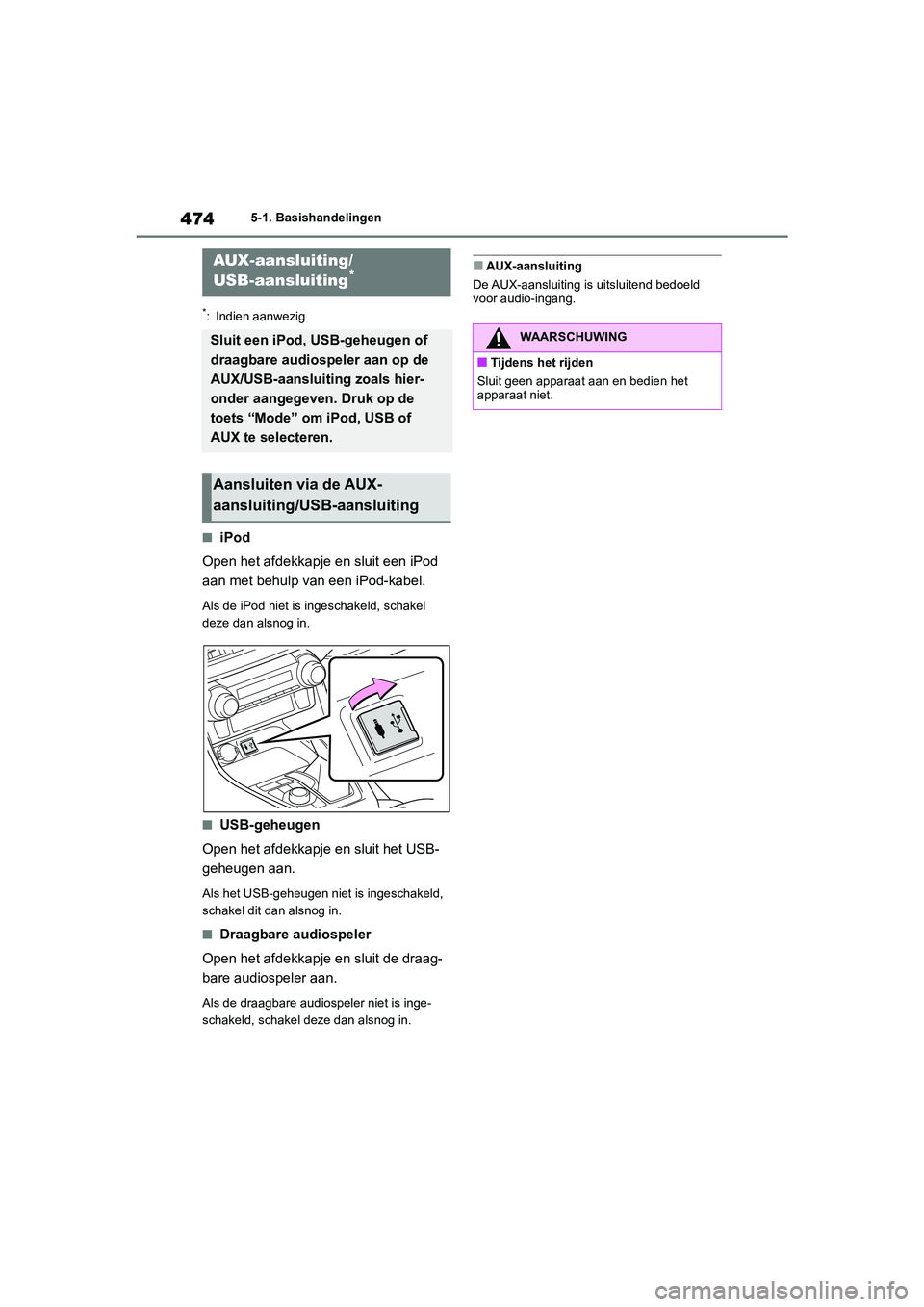 TOYOTA RAV4 2020  Instructieboekje (in Dutch) 4745-1. Basishandelingen
*: Indien aanwezig
■iPod
Open het afdekkapje en sluit een iPod 
aan met behulp v an een iPod-kabel.
Als de iPod niet is ingeschakeld, schakel 
deze dan alsnog in.
■USB-geh