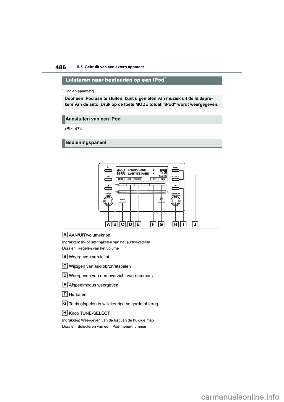 TOYOTA RAV4 2020  Instructieboekje (in Dutch) 4865-5. Gebruik van een extern apparaat
5-5.Gebruik van een extern apparaat
*: Indien aanwezig
Blz. 474AAN/UIT/volumeknop
Indrukken: In- of uitschakelen van het audiosysteem
Draaien: Regelen van he