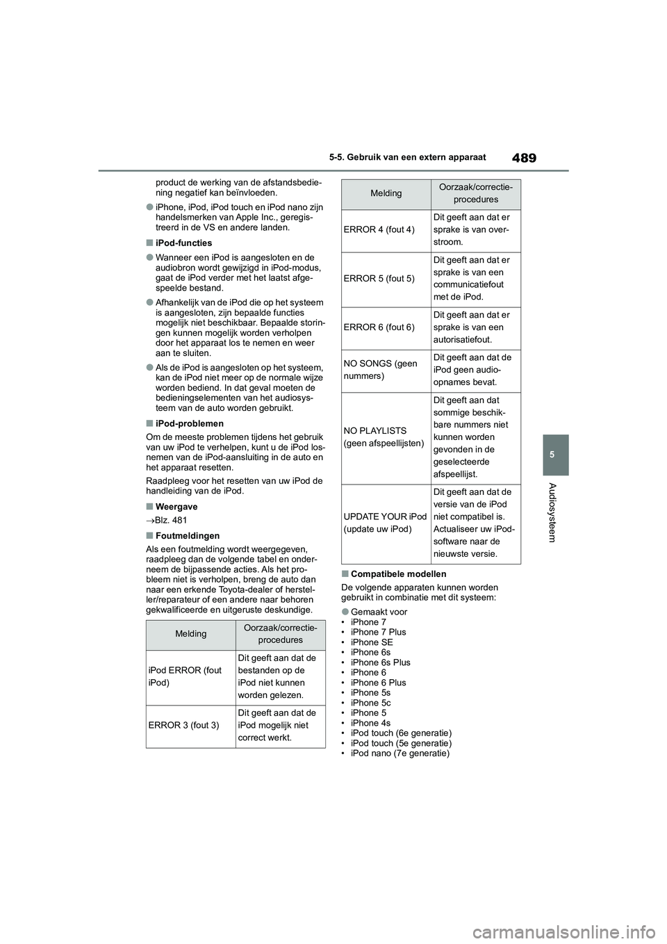 TOYOTA RAV4 2020 Instructieboekje (in Dutch) 489
5
5-5. Gebruik van een extern apparaat
Audiosysteem
product de werking van de afstandsbedie-
ning negatief kan beïnvloeden.
●iPhone, iPod, iPod touch en iPod nano zijn
handelsmerken van Apple TOYOTA RAV4 2020 Instructieboekje (in Dutch) 489
5
5-5. Gebruik van een extern apparaat
Audiosysteem
product de werking van de afstandsbedie-
ning negatief kan beïnvloeden.
●iPhone, iPod, iPod touch en iPod nano zijn
handelsmerken van Apple