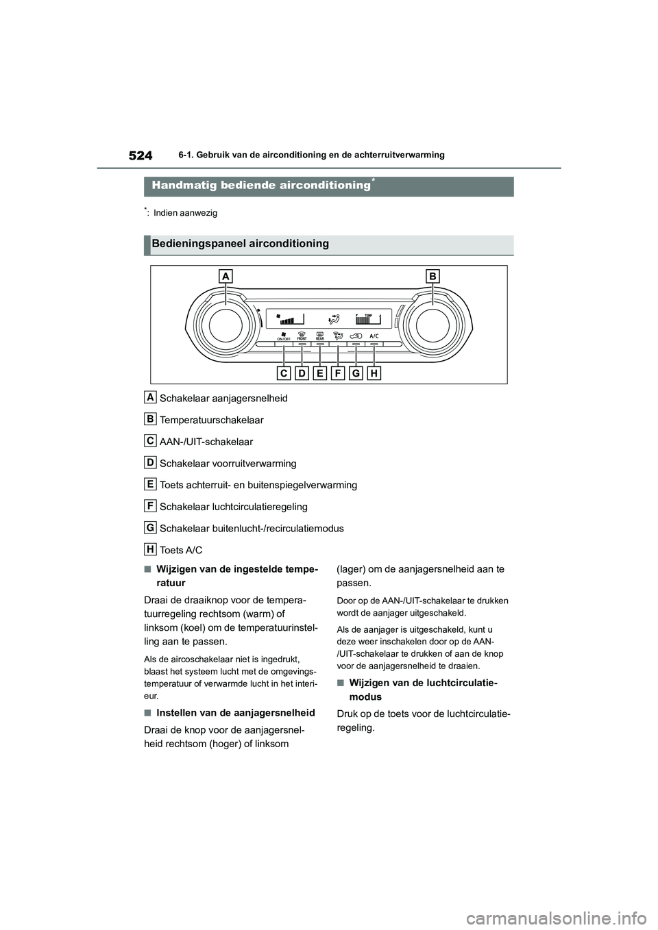 TOYOTA RAV4 2020  Instructieboekje (in Dutch) 5246-1. Gebruik van de airconditioning en de achterruitverwarming
6-1.Gebruik van de airconditioning en de achterruitverwarming
*: Indien aanwezig
Schakelaar aanjagersnelheid
Temperatuurschakelaar
AAN