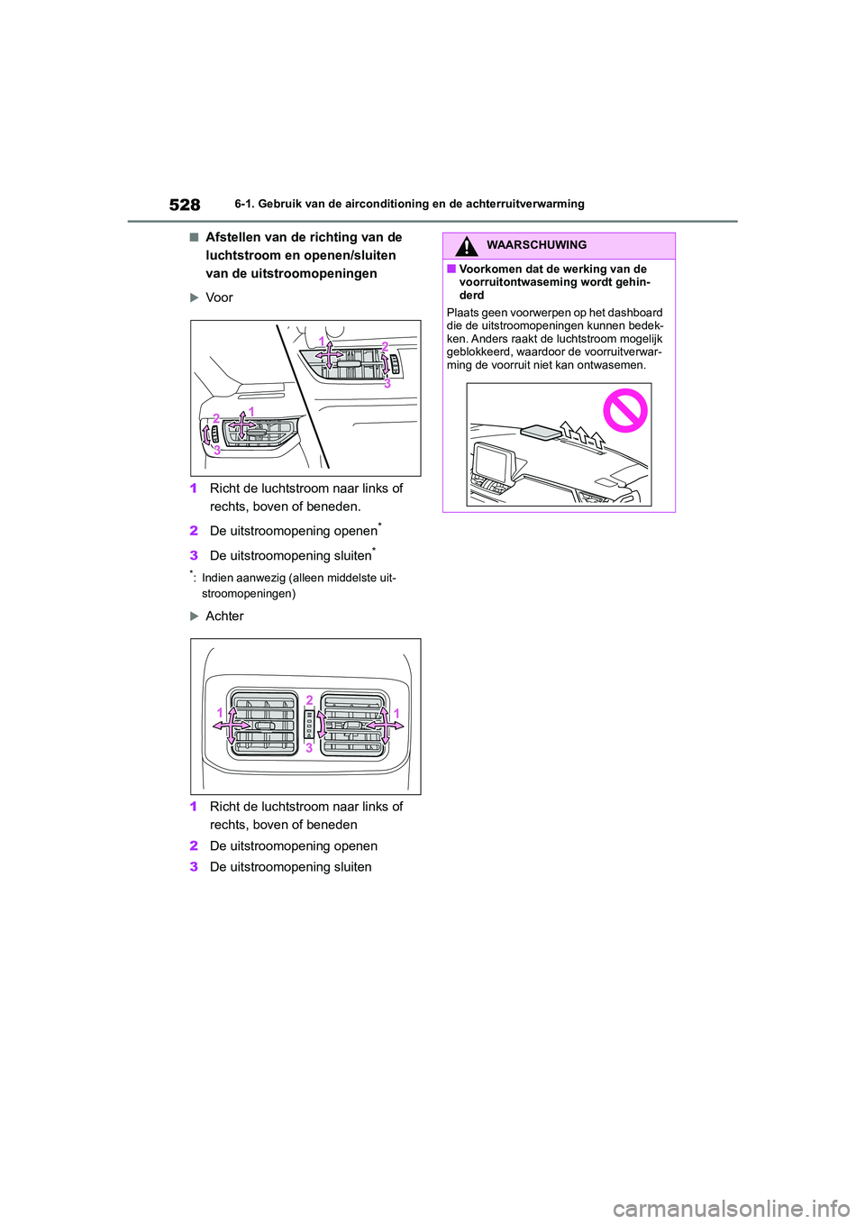 TOYOTA RAV4 2020  Instructieboekje (in Dutch) 5286-1. Gebruik van de airconditioning en de achterruitverwarming
■Afstellen van de richting van de 
luchtstroom en openen/sluiten 
van de uitstroomopeningen
Vo o r
1 Richt de luchtstr oom naar l