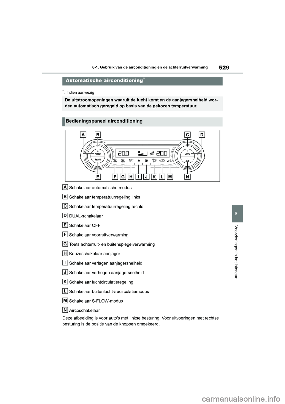 TOYOTA RAV4 2020  Instructieboekje (in Dutch) 529
6
6-1. Gebruik van de airconditioning en de achterruitverwarming
Voorzieningen in het interieur
*: Indien aanwezig
Schakelaar autom
atische modus
Schakelaar temperatuurregeling links
Schakelaar te