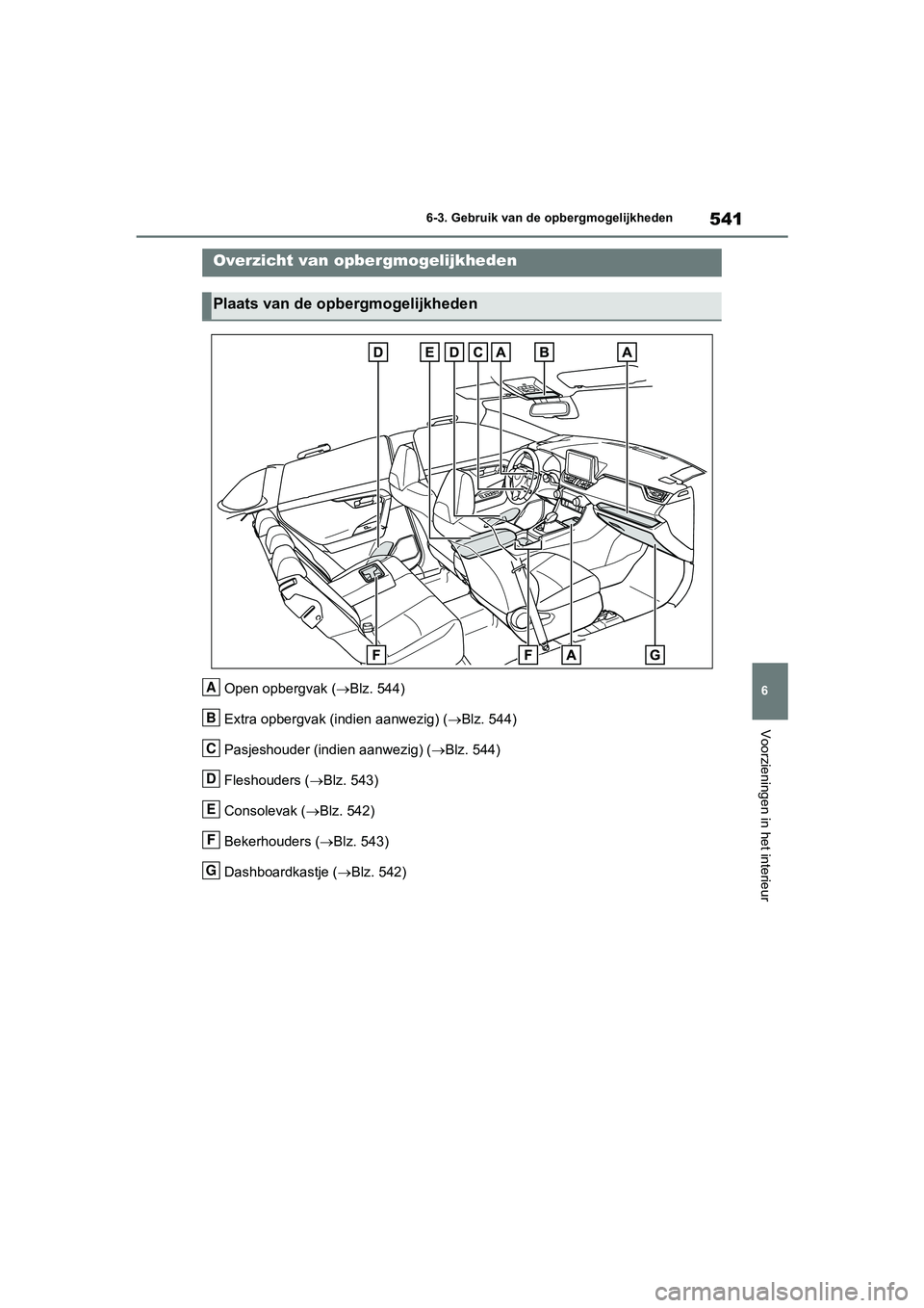 TOYOTA RAV4 2020  Instructieboekje (in Dutch) 541
6
6-3. Gebruik van de opbergmogelijkheden
Voorzieningen in het interieur
6-3.Gebruik van de opbergmogelijkheden
Open opbergvak (Blz. 544)
Extra opbergvak (indien aanwezig) (
Blz. 544)
Pasjes