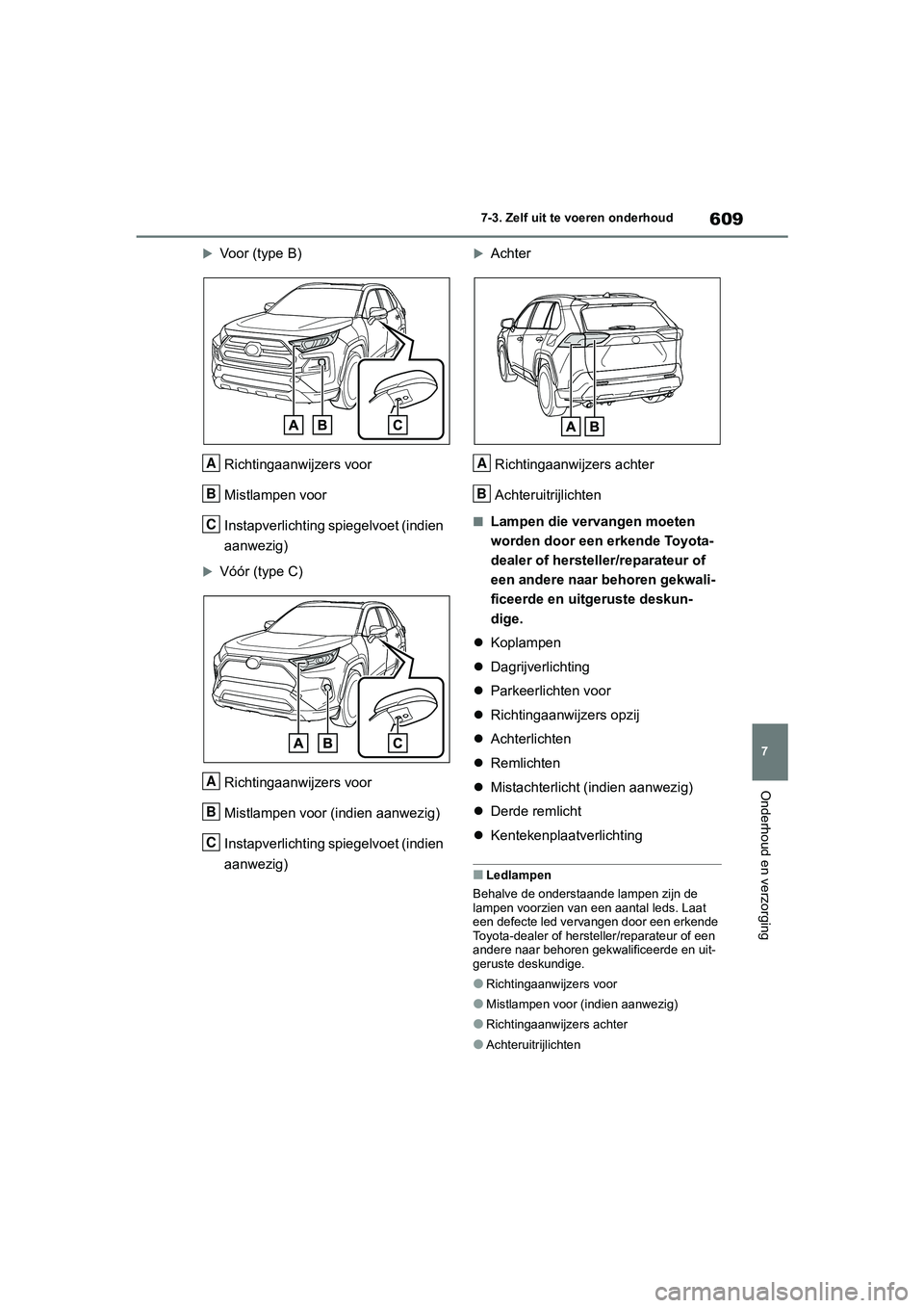 TOYOTA RAV4 2020  Instructieboekje (in Dutch) 609
7
7-3. Zelf uit te voeren onderhoud
Onderhoud en verzorging
Voor (type B)
Richtingaanwijzers voor
Mistlampen voor 
Instapverlichting spiegelvoet (indien 
aanwezig)
Vóór (type C)Richtingaan