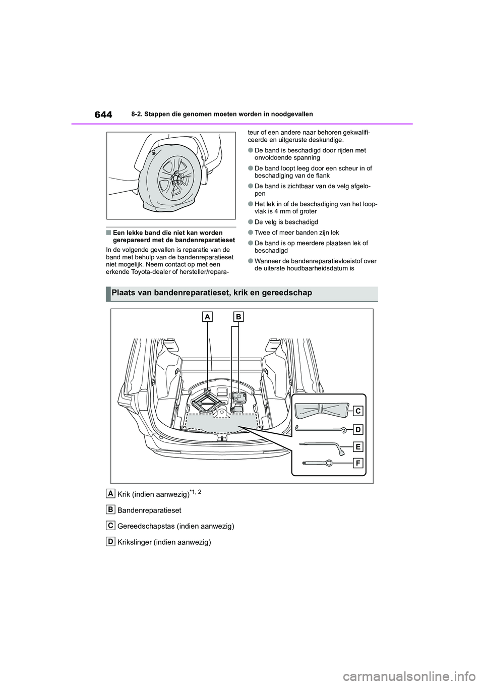 TOYOTA RAV4 2020 Instructieboekje (in Dutch) 6448-2. Stappen die genomen moeten worden in noodgevallen
■Een lekke band die niet kan worden
gerepareerd met de bandenreparatieset
In de volgende gevallen is reparatie van de
band met behulp van TOYOTA RAV4 2020 Instructieboekje (in Dutch) 6448-2. Stappen die genomen moeten worden in noodgevallen
■Een lekke band die niet kan worden
gerepareerd met de bandenreparatieset
In de volgende gevallen is reparatie van de
band met behulp van
