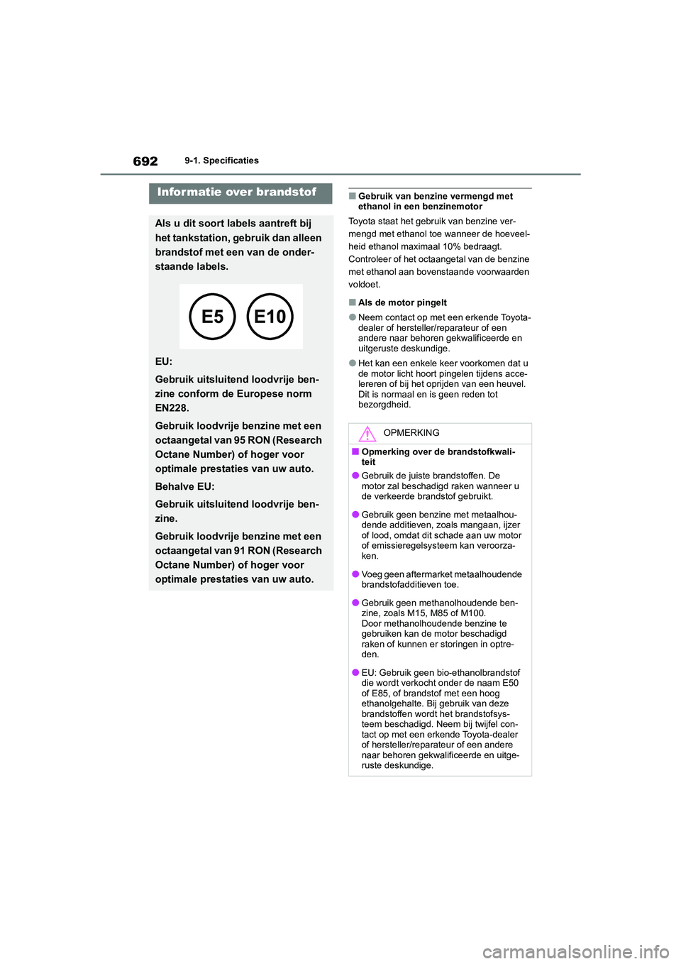 TOYOTA RAV4 2020  Instructieboekje (in Dutch) 6929-1. Specificaties
■Gebruik van benzine vermengd met 
ethanol in een benzinemotor
Toyota staat het gebruik van benzine ver-
mengd met ethanol toe wanneer de hoeveel-
heid ethanol maximaal 10% bed