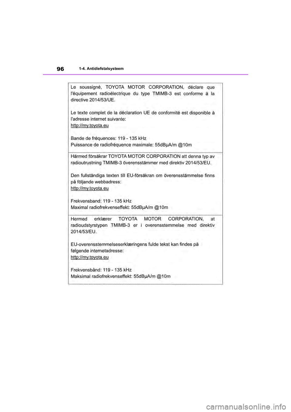TOYOTA RAV4 2020  Instructieboekje (in Dutch) 961-4. Antidiefstalsysteem
pM_RAV4_OM_OM42C76E_(EE).book  Page 96  Monday, October 7, 2019  3:26 PM 