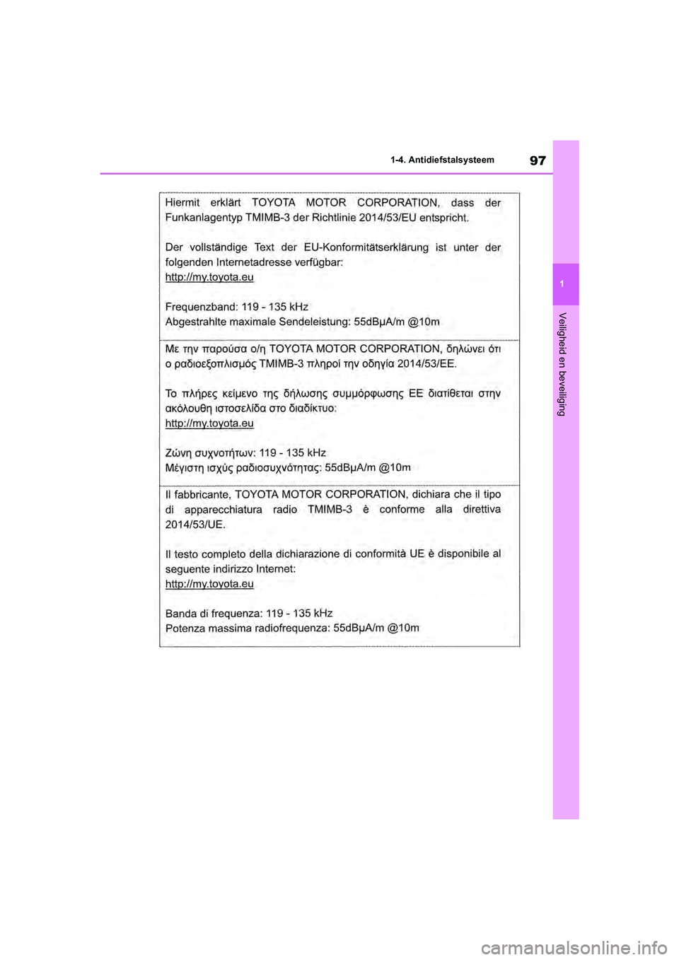 TOYOTA RAV4 2020  Instructieboekje (in Dutch) 97
1
1-4. Antidiefstalsysteem
Veiligheid en beveiliging
pM_RAV4_OM_OM42C76E_(EE).book  P
age 97  Monday, October 7, 2019  3:26 PM 
