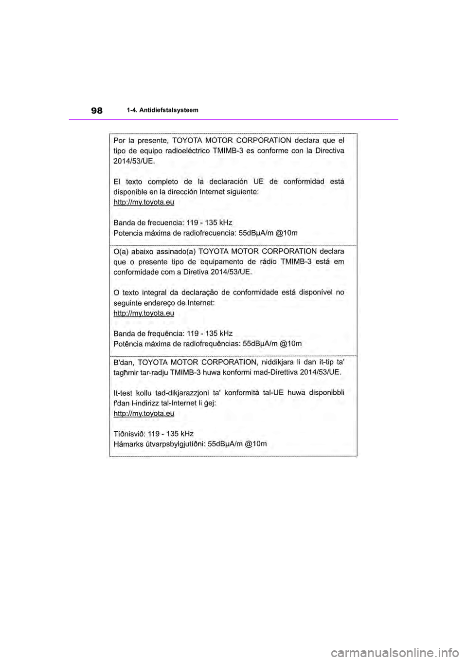 TOYOTA RAV4 2020  Instructieboekje (in Dutch) 981-4. Antidiefstalsysteem
pM_RAV4_OM_OM42C76E_(EE).book  Page 98  Monday, October 7, 2019  3:26 PM 