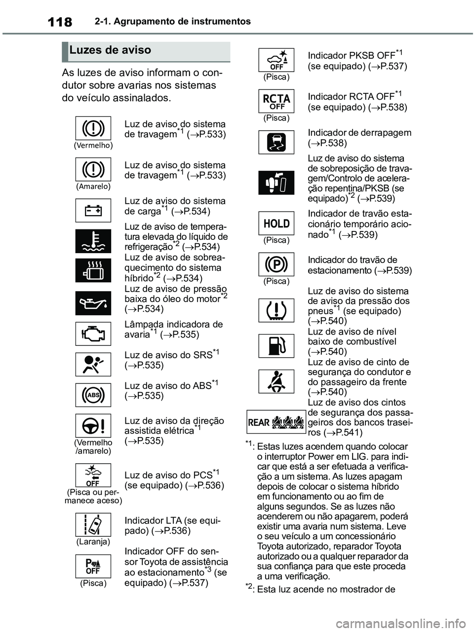 TOYOTA RAV4 2020 Manual de utilização (in Portuguese) 1182-1. Agrupamento de instrumentos
As luzes de aviso informam o con-
dutor sobre avarias nos sistemas
do veículo assinalados.
*1: Estas luzes acendem quando colocar
o interruptor Power em LIG. par TOYOTA RAV4 2020 Manual de utilização (in Portuguese) 1182-1. Agrupamento de instrumentos
As luzes de aviso informam o con-
dutor sobre avarias nos sistemas
do veículo assinalados.
*1: Estas luzes acendem quando colocar
o interruptor Power em LIG. par
