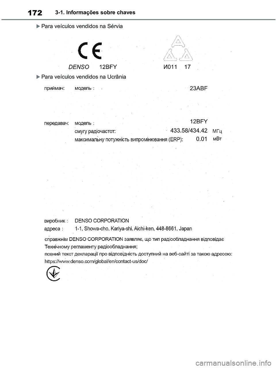 TOYOTA RAV4 2020  Manual de utilização (in Portuguese) 1723-1. Informações sobre chaves
Para veículos vendidos na Sérvia
Para veículos vendidos na Ucrânia
pM_RAV4-HV_OM_OM42D32PT.book  Page 172  Wednesday, January 27, 2021  6:28 PM 