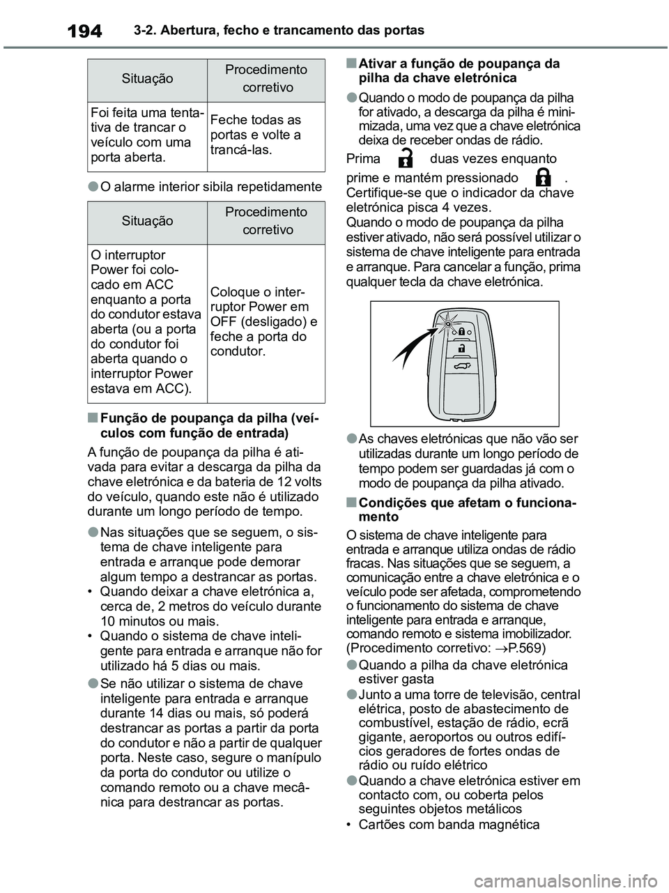 TOYOTA RAV4 2020 Manual de utilização (in Portuguese) 1943-2. Abertura, fecho e trancamento das portas
●O alarme interior sibila repetidamente
■Função de poupança da pilha (veí-
culos com função de entrada)
A função de poupança da pilha é a TOYOTA RAV4 2020 Manual de utilização (in Portuguese) 1943-2. Abertura, fecho e trancamento das portas
●O alarme interior sibila repetidamente
■Função de poupança da pilha (veí-
culos com função de entrada)
A função de poupança da pilha é a