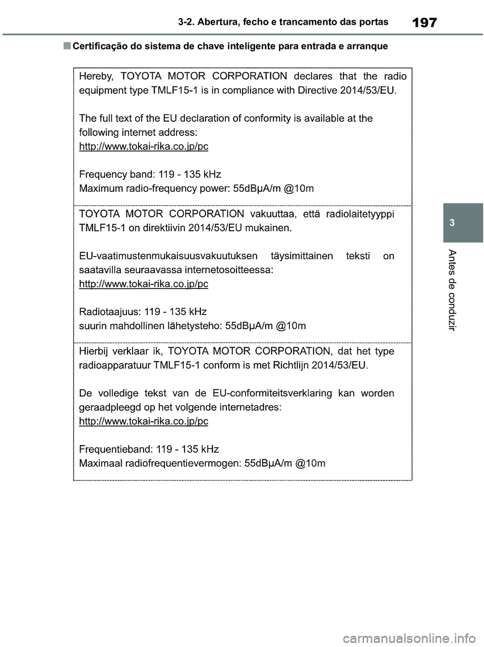TOYOTA RAV4 2020  Manual de utilização (in Portuguese) 197
3 3-2. Abertura, fecho e trancamento das portas
Antes de conduzir
■Certificação do sistema de chave inteligente para entrada e arranque 
pM_RAV4-HV_OM_OM42D32PT.book  Page 197  Wednesday, Janu