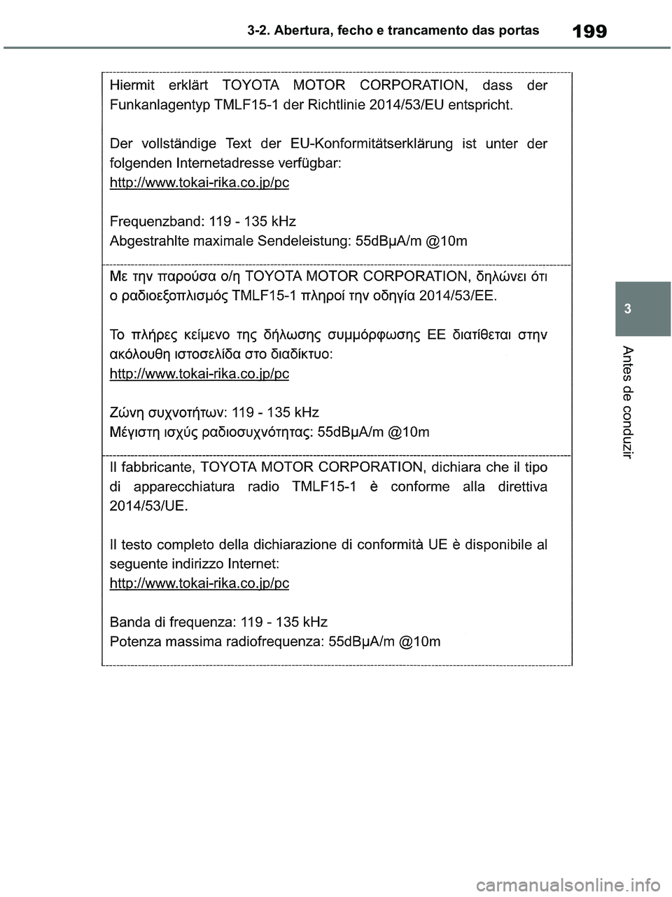 TOYOTA RAV4 2020  Manual de utilização (in Portuguese) 199
3 3-2. Abertura, fecho e trancamento das portas
Antes de conduzir
pM_RAV4-HV_OM_OM42D32PT.book  Page 199  Wednesday, January 27, 2021  6:28 PM 