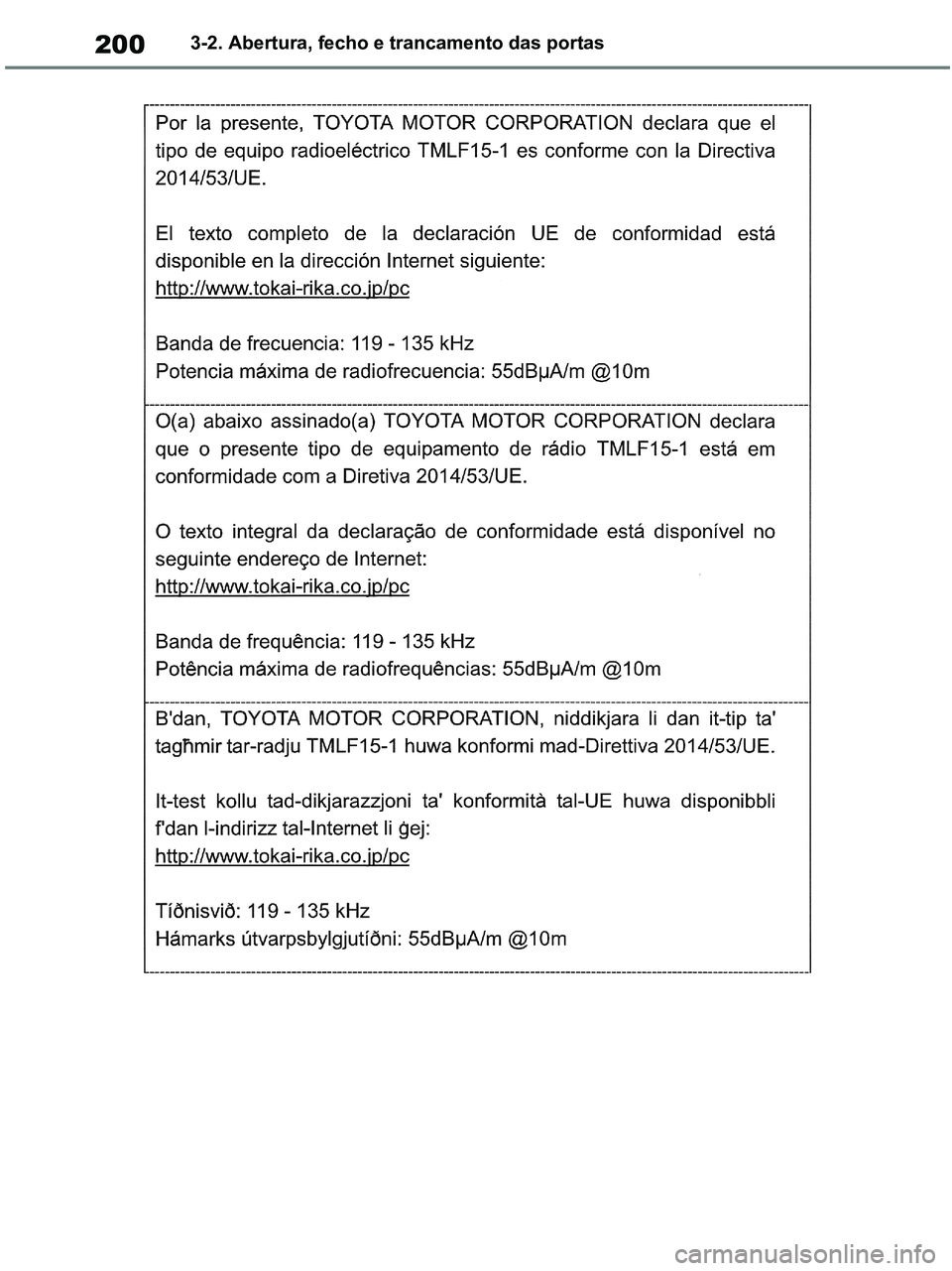 TOYOTA RAV4 2020  Manual de utilização (in Portuguese) 2003-2. Abertura, fecho e trancamento das portas
pM_RAV4-HV_OM_OM42D32PT.book  Page 200  Wednesday, January 27, 2021  6:28 PM 