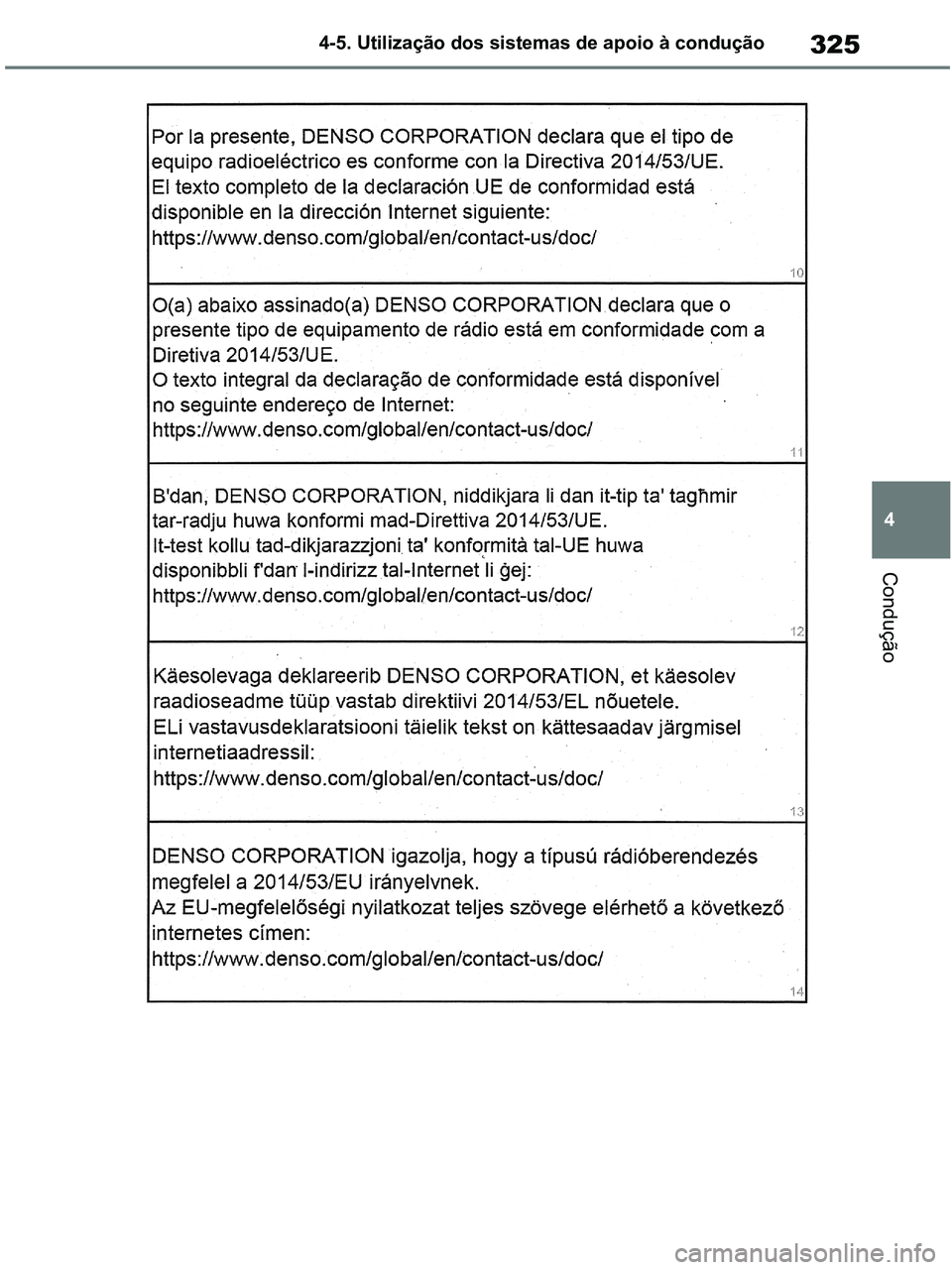 TOYOTA RAV4 2020  Manual de utilização (in Portuguese) 325
4 4-5. Utilização dos sistemas de apoio à condução
Condução
pM_RAV4-HV_OM_OM42D32PT.book  Page 325  Wednesday, January 27, 2021  6:28 PM 