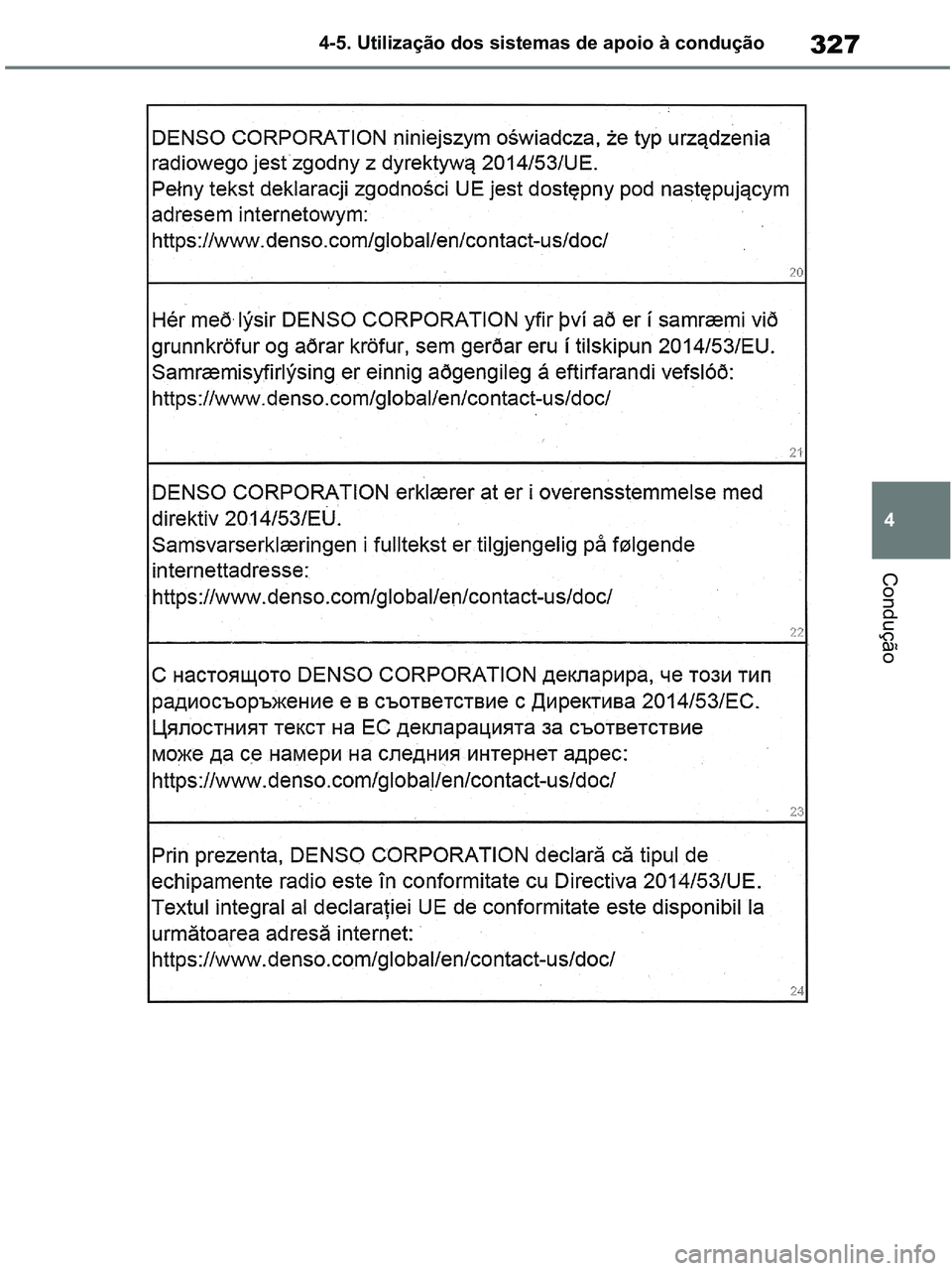 TOYOTA RAV4 2020  Manual de utilização (in Portuguese) 327
4 4-5. Utilização dos sistemas de apoio à condução
Condução
pM_RAV4-HV_OM_OM42D32PT.book  Page 327  Wednesday, January 27, 2021  6:28 PM 