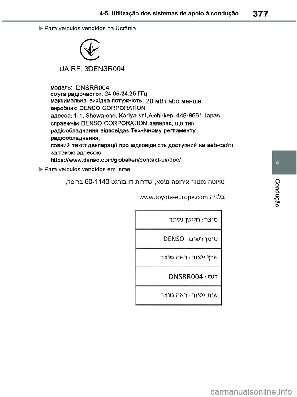 TOYOTA RAV4 2020  Manual de utilização (in Portuguese) 377
4 4-5. Utilização dos sistemas de apoio à condução
Condução
Para veículos vendidos na Ucrânia 
Para veículos vendidos em Israel 
pM_RAV4-HV_OM_OM42D32PT.book  Page 377  Wednesday, 