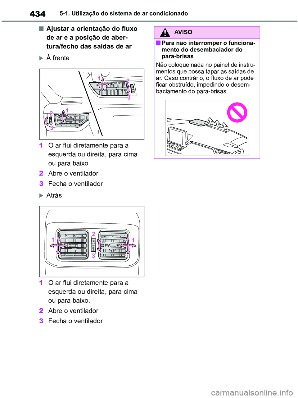 TOYOTA RAV4 2020  Manual de utilização (in Portuguese) 4345-1. Utilização do sistema de ar condicionado
■Ajustar a orientação do fluxo 
de ar e a posição de aber-
tura/fecho das saídas de ar
À frente
1O ar flui diretamente para a 
esquerda ou