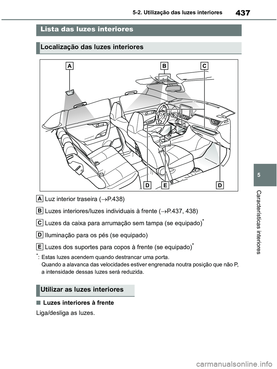TOYOTA RAV4 2020  Manual de utilização (in Portuguese) 437
5 5-2. Utilização das luzes interiores
Características interiores
5-2.Using the interior lights
Luz interior traseira (P.438)
Luzes interiores/luzes individuais à frente (P.437, 438)
Luz