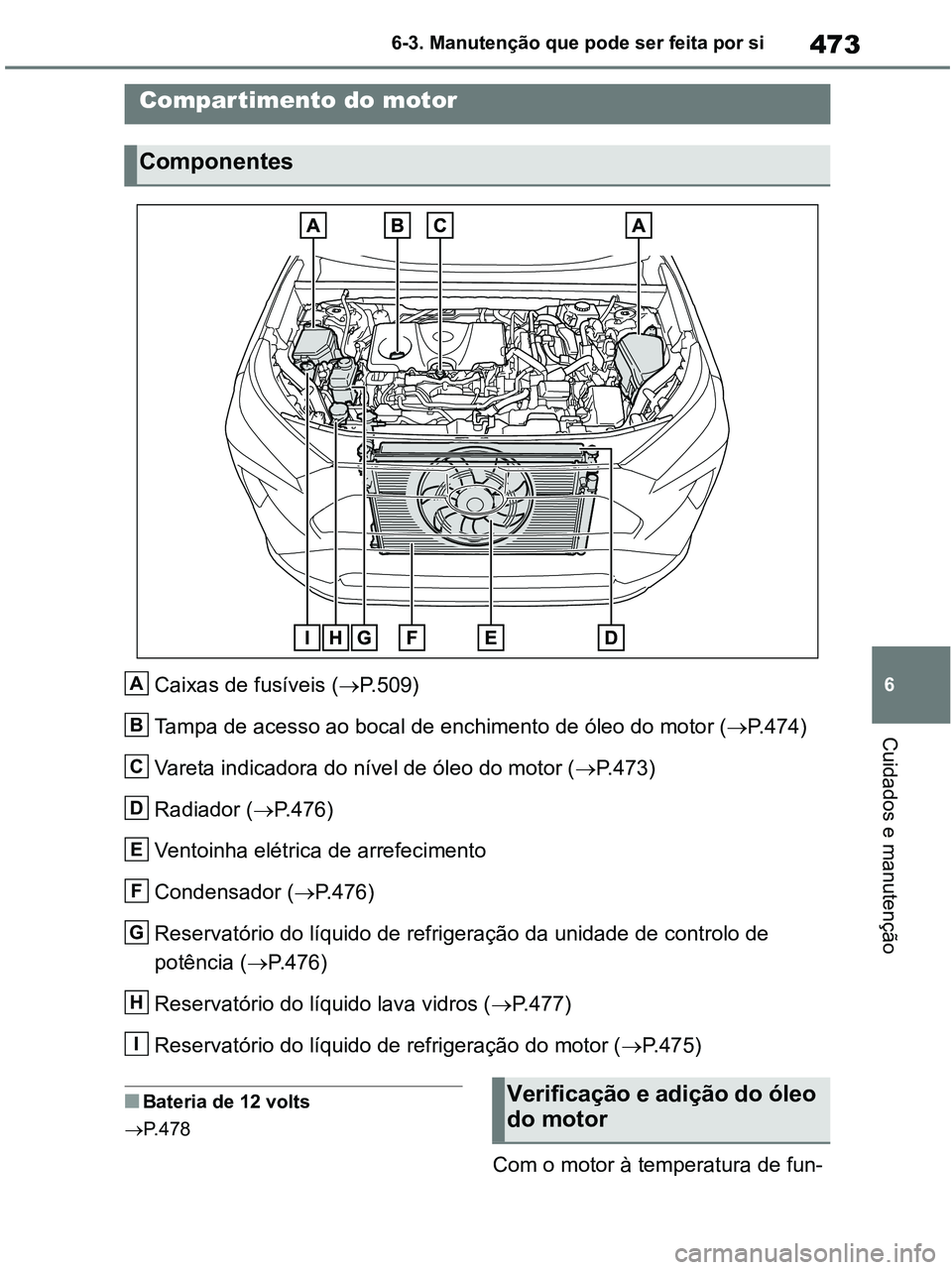 TOYOTA RAV4 2020  Manual de utilização (in Portuguese) 473
6 6-3. Manutenção que pode ser feita por si
Cuidados e manutenção
Caixas de fusíveis (P.509)
Tampa de acesso ao bocal de enchimento de óleo do motor (P.474)
Vareta indicadora do nível