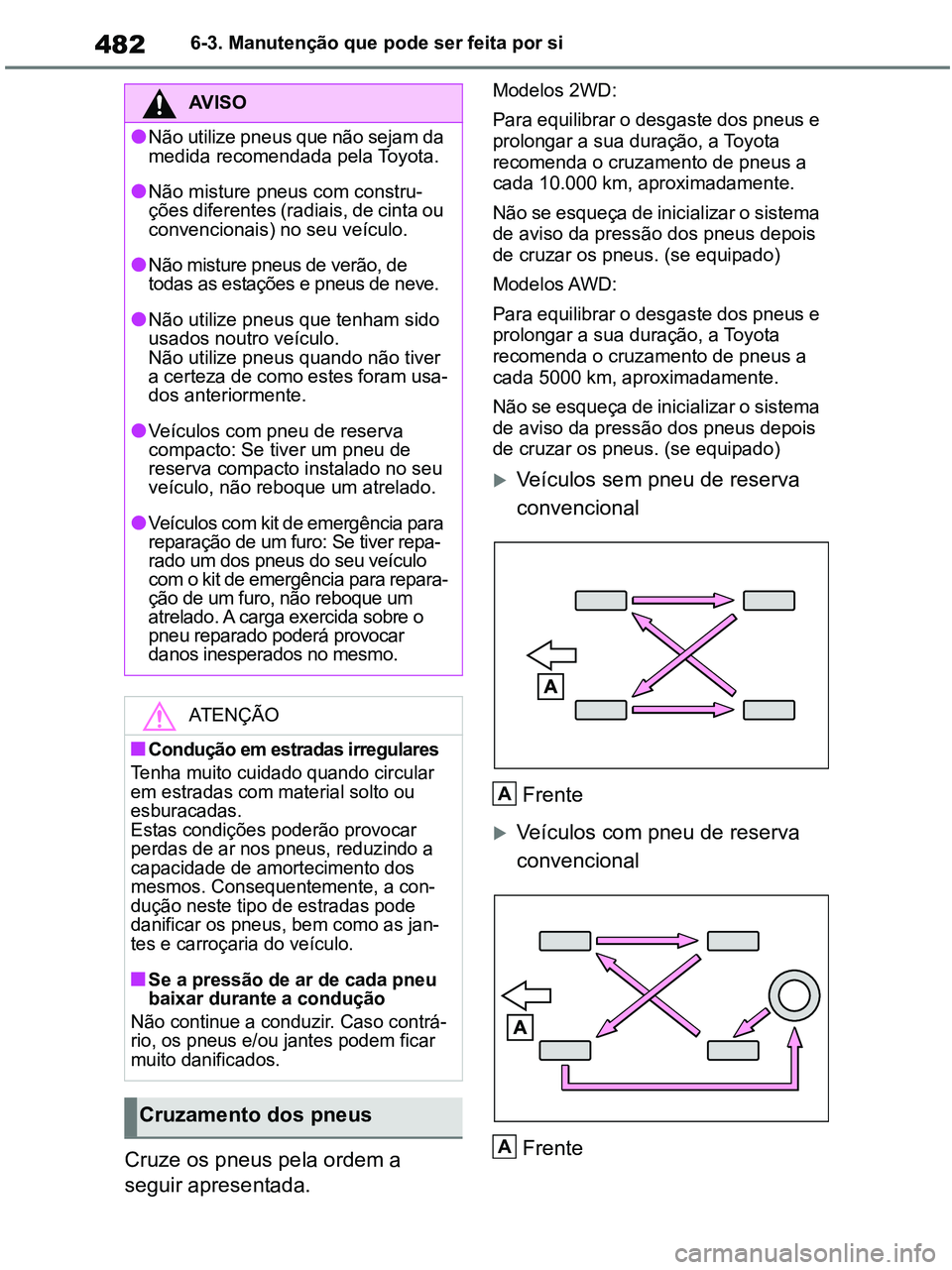 TOYOTA RAV4 2020 Manual de utilização (in Portuguese) 4826-3. Manutenção que pode ser feita por si
Cruze os pneus pela ordem a
seguir apresentada.
Modelos 2WD:
Para equilibrar o desgaste dos pneus e
prolongar a sua duração, a Toyota
recomenda o cr TOYOTA RAV4 2020 Manual de utilização (in Portuguese) 4826-3. Manutenção que pode ser feita por si
Cruze os pneus pela ordem a
seguir apresentada.
Modelos 2WD:
Para equilibrar o desgaste dos pneus e
prolongar a sua duração, a Toyota
recomenda o cr