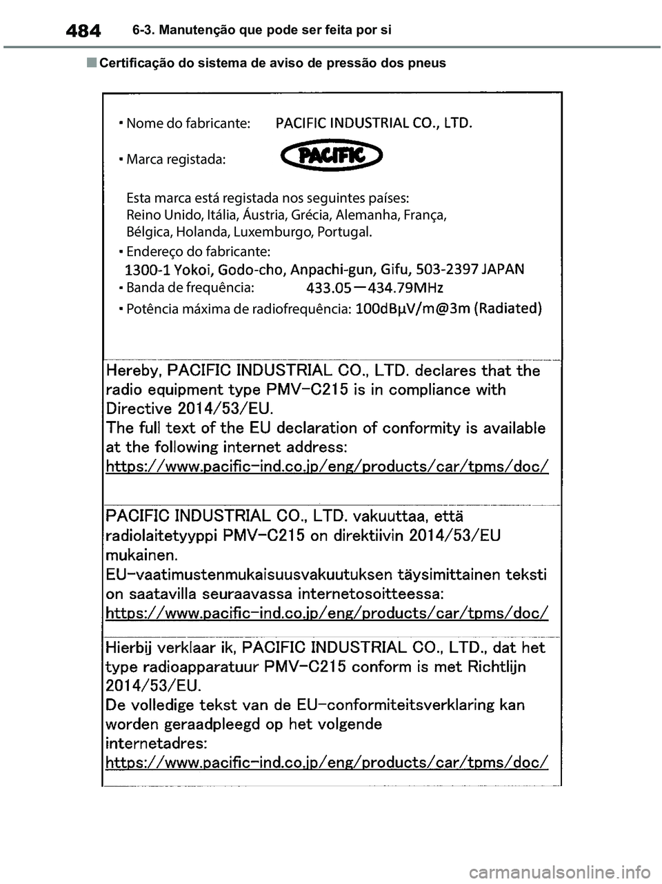 TOYOTA RAV4 2020  Manual de utilização (in Portuguese) 4846-3. Manutenção que pode ser feita por si
■Certificação do sistema de aviso de pressão dos pneus
Nome do fabricante:
Marca registada:
Esta marca está registada nos seguintes países:
Reino 