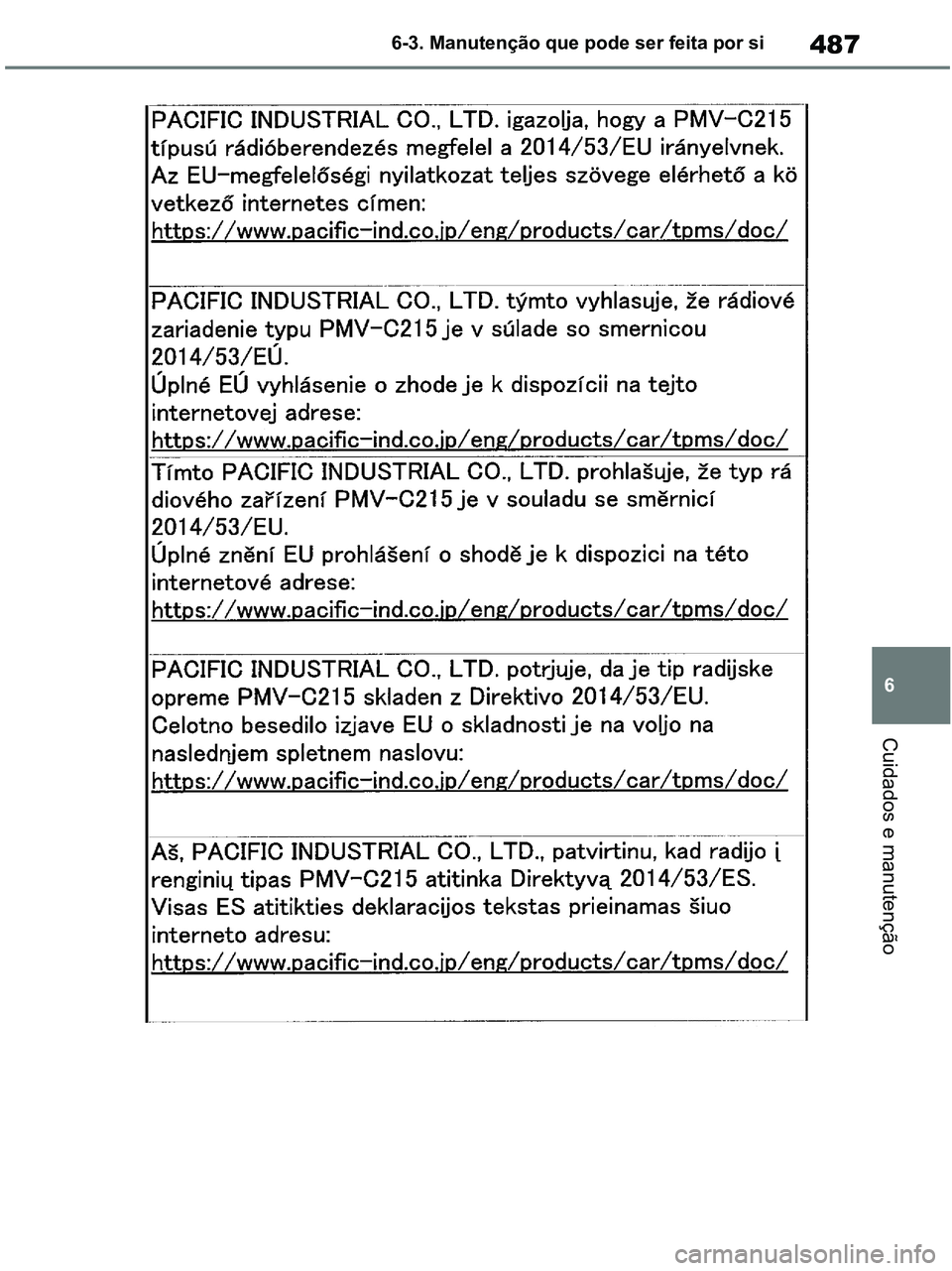 TOYOTA RAV4 2020  Manual de utilização (in Portuguese) 487
6 6-3. Manutenção que pode ser feita por si
Cuidados e manutenção
pM_RAV4-HV_OM_OM42D32PT.book  Page 487  Wednesday, January 27, 2021  6:28 PM 