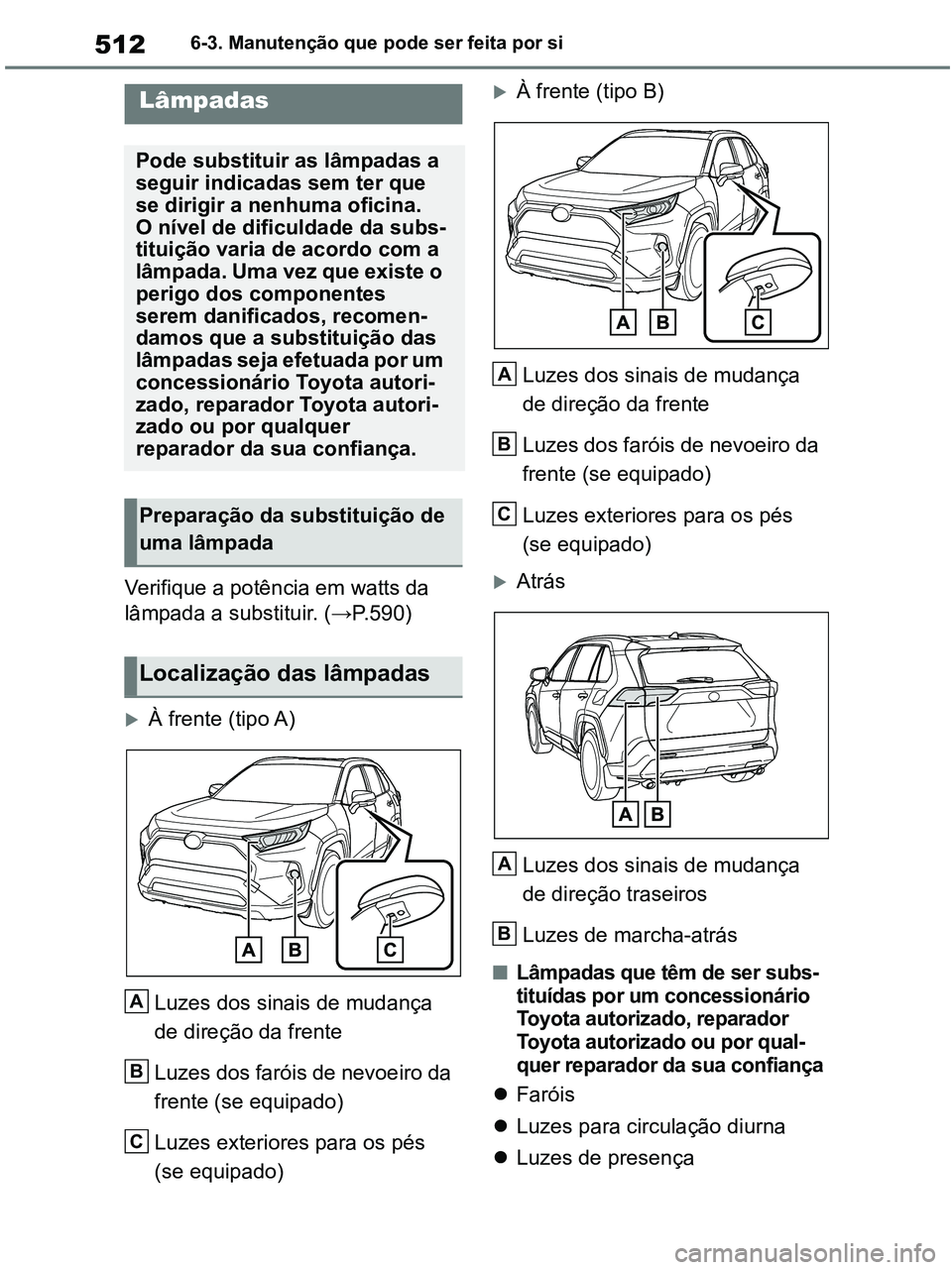 TOYOTA RAV4 2020 Manual de utilização (in Portuguese) 5126-3. Manutenção que pode ser feita por si
Verifique a potência em watts da
lâmpada a substituir. (→P.590)
À frente (tipo A)
Luzes dos sinais de mudança
de direção da frente
Luzes dos TOYOTA RAV4 2020 Manual de utilização (in Portuguese) 5126-3. Manutenção que pode ser feita por si
Verifique a potência em watts da
lâmpada a substituir. (→P.590)
À frente (tipo A)
Luzes dos sinais de mudança
de direção da frente
Luzes dos