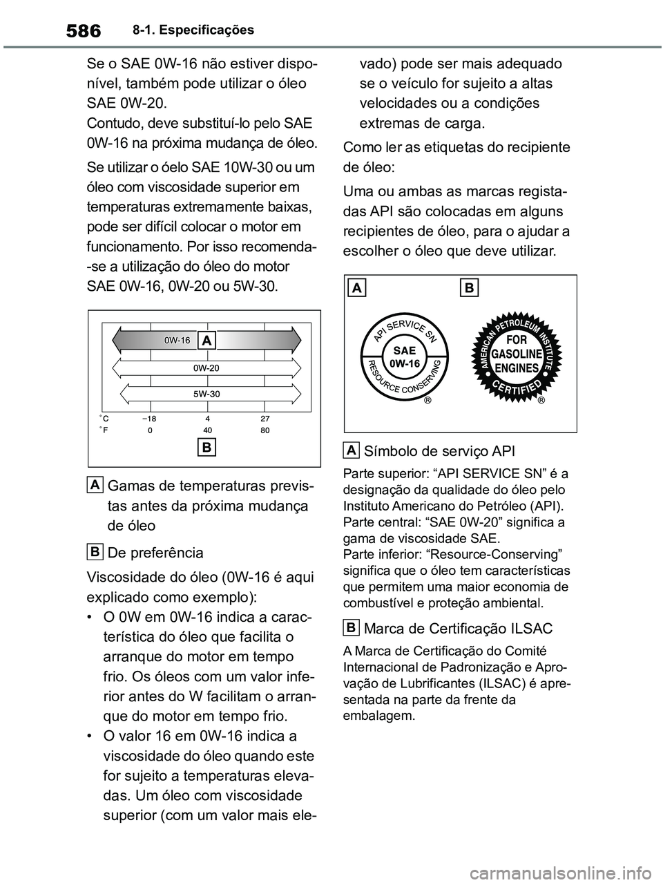 TOYOTA RAV4 2020  Manual de utilização (in Portuguese) 5868-1. Especificações
Se o SAE 0W-16 não estiver dispo-
nível, também pode utilizar o óleo 
SAE 0W-20.
Contudo, deve substituí-lo pelo SAE 
0W-16 na próxima mudança de óleo.
Se utilizar o 