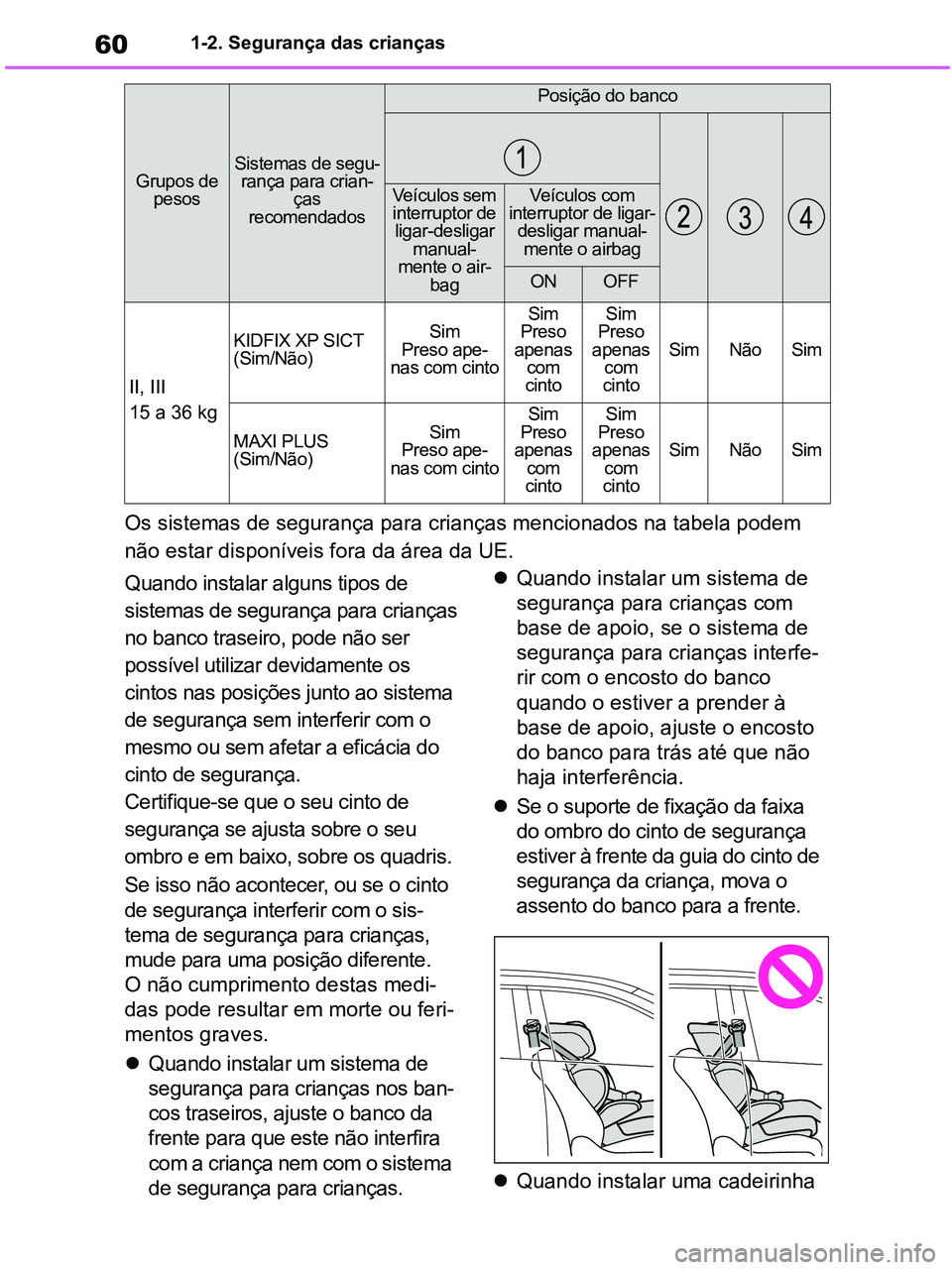 TOYOTA RAV4 2020 Manual de utilização (in Portuguese) 601-2. Segurança das crianças
Os sistemas de segurança para crianças mencionados na tabela podem
não estar disponíveis fora da área da UE.
Quando instalar alguns tipos de
sistemas de seguran TOYOTA RAV4 2020 Manual de utilização (in Portuguese) 601-2. Segurança das crianças
Os sistemas de segurança para crianças mencionados na tabela podem
não estar disponíveis fora da área da UE.
Quando instalar alguns tipos de
sistemas de seguran