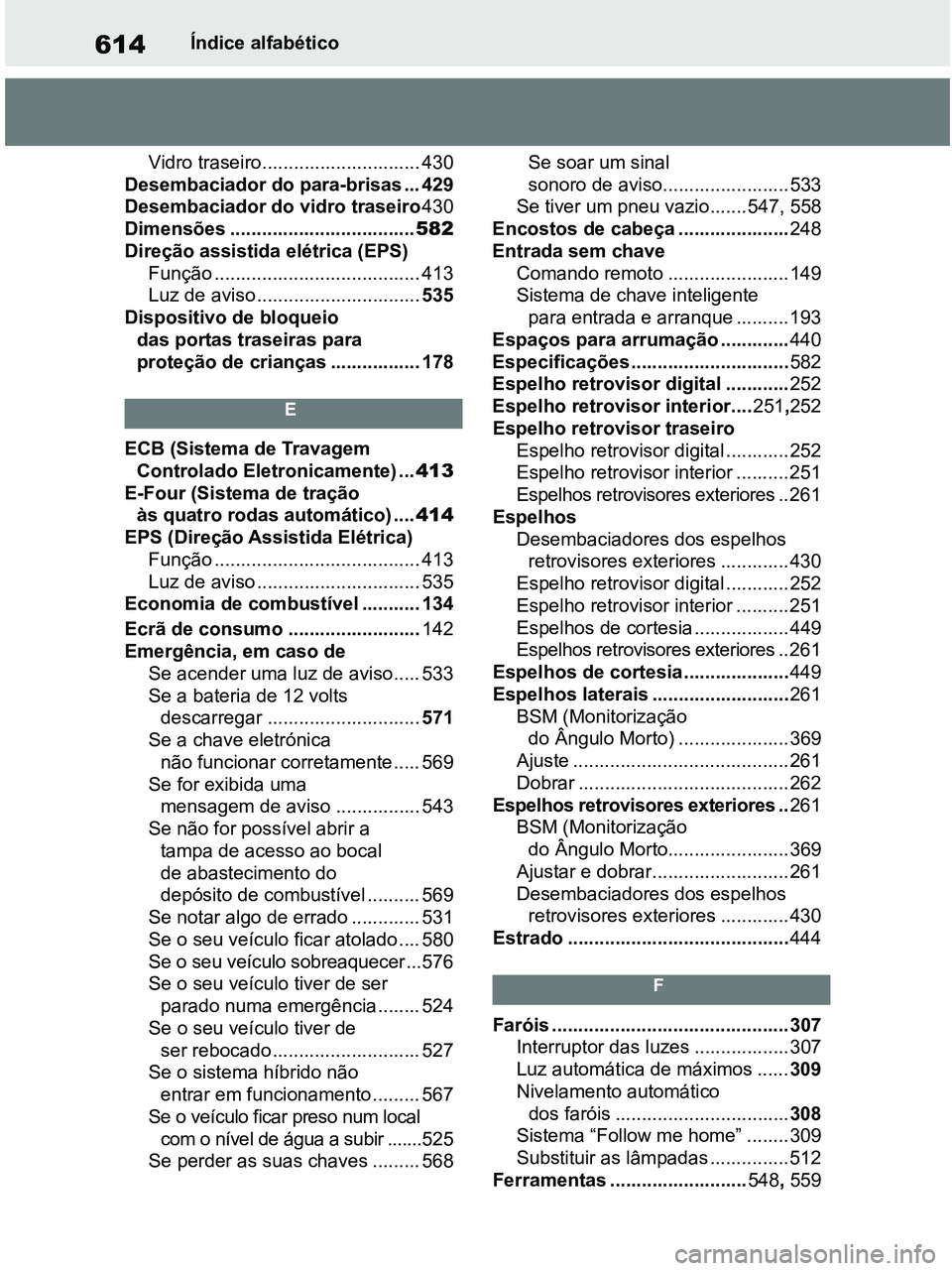 TOYOTA RAV4 2020 Manual de utilização (in Portuguese) 614Índice alfabético
Vidro traseiro.............................. 430
Desembaciador do para-brisas ... 429
Desembaciador do vidro traseiro430
Dimensões ...................................582
Direç TOYOTA RAV4 2020 Manual de utilização (in Portuguese) 614Índice alfabético
Vidro traseiro.............................. 430
Desembaciador do para-brisas ... 429
Desembaciador do vidro traseiro430
Dimensões ...................................582
Direç