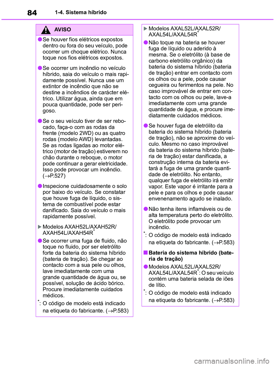 TOYOTA RAV4 2020 Manual de utilização (in Portuguese) 841-4. Sistema híbrido
AV I S O
●Se houver fios elétricos expostos
dentro ou fora do seu veículo, pode
ocorrer um choque elétrico. Nunca
toque nos fios elétricos expostos.
●Se ocorrer um i TOYOTA RAV4 2020 Manual de utilização (in Portuguese) 841-4. Sistema híbrido
AV I S O
●Se houver fios elétricos expostos
dentro ou fora do seu veículo, pode
ocorrer um choque elétrico. Nunca
toque nos fios elétricos expostos.
●Se ocorrer um i
