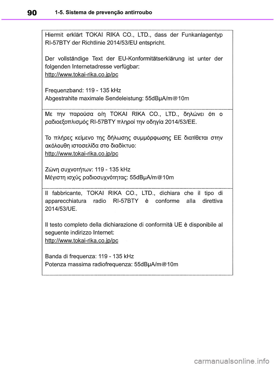 TOYOTA RAV4 2020  Manual de utilização (in Portuguese) 90
pM_RAV4-HV_OM_OM42D32PT.book  Page 90  Wednesday, January 27, 2021  6:28 PM
1-5. Sistema de prevenção antirroubo 