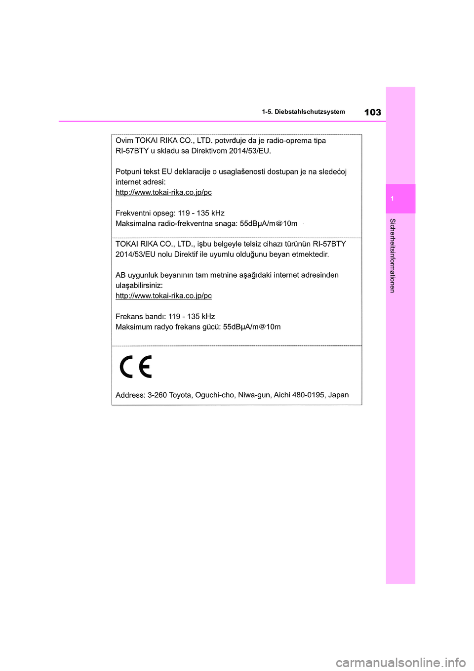 TOYOTA RAV4 2019  Betriebsanleitungen (in German) 103
1 
1-5. Diebstahlschutzsystem
Sicherheitsinformationen 