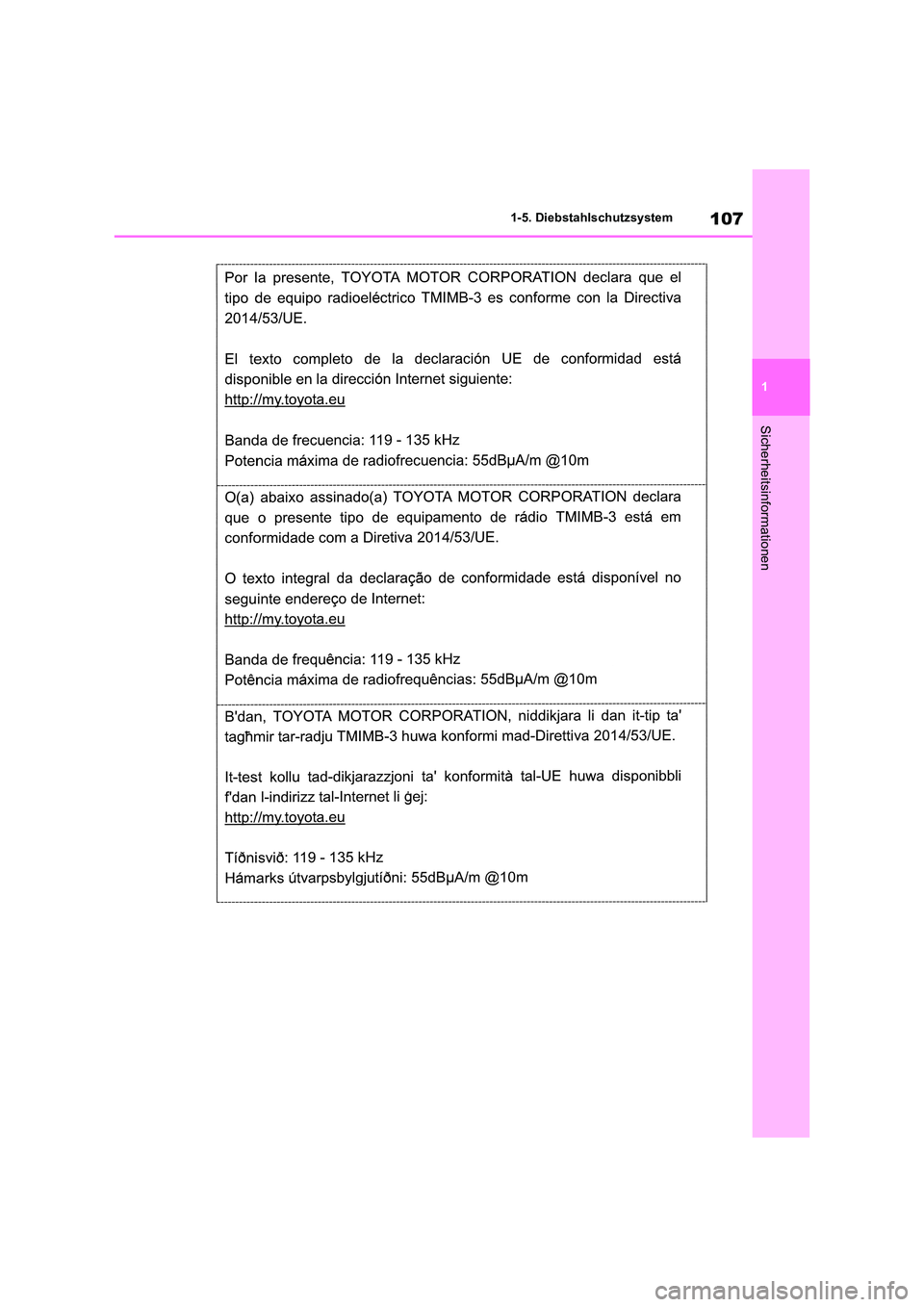 TOYOTA RAV4 2019  Betriebsanleitungen (in German) 107
1 
1-5. Diebstahlschutzsystem
Sicherheitsinformationen 