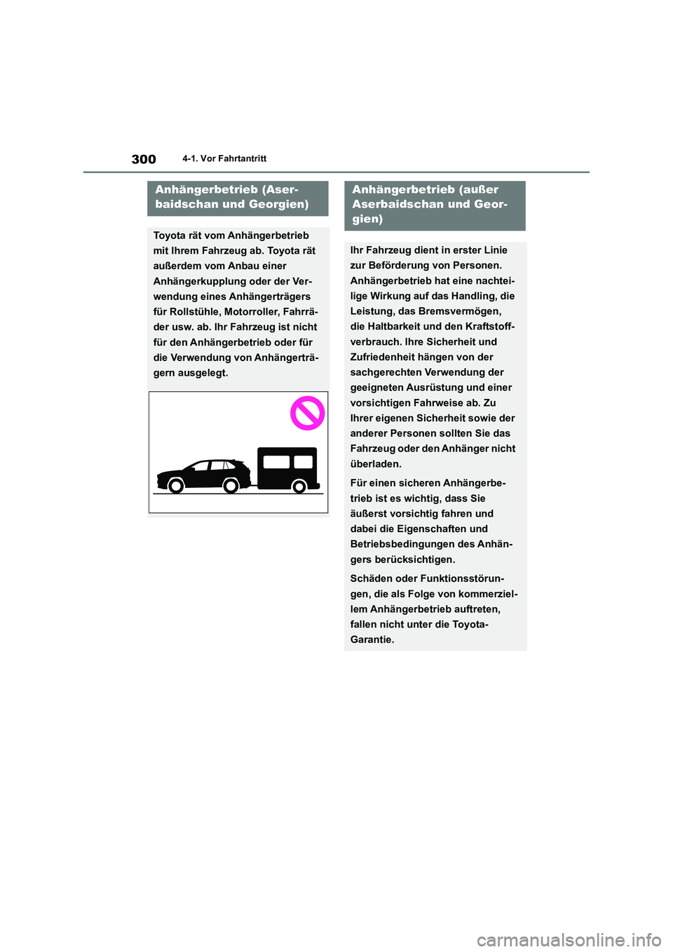 TOYOTA RAV4 2019 Betriebsanleitungen (in German) 3004-1. Vor Fahrtantritt
Anhängerbetrieb (Aser-
baidschan und Georgien)
Toyota rät vom Anhängerbetrieb
mit Ihrem Fahrzeug ab. Toyota rät
außerdem vom Anbau einer
Anhängerkupplung oder der Ver TOYOTA RAV4 2019 Betriebsanleitungen (in German) 3004-1. Vor Fahrtantritt
Anhängerbetrieb (Aser-
baidschan und Georgien)
Toyota rät vom Anhängerbetrieb
mit Ihrem Fahrzeug ab. Toyota rät
außerdem vom Anbau einer
Anhängerkupplung oder der Ver