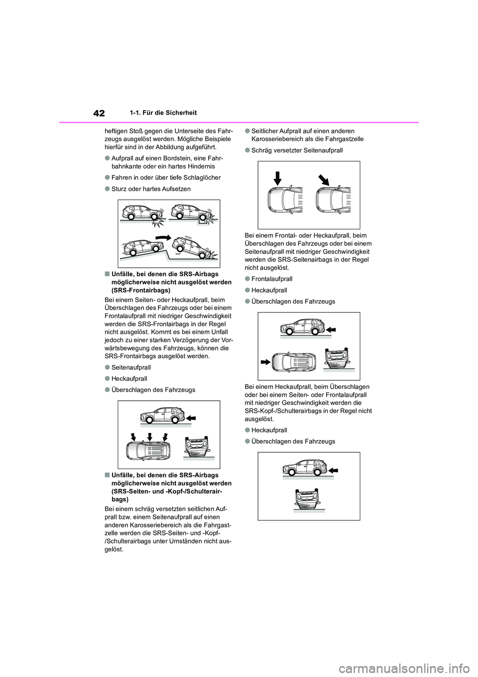 TOYOTA RAV4 2019 Betriebsanleitungen (in German) 421-1. Für die Sicherheit
heftigen Stoß gegen die Unterseite des Fahr- zeugs ausgelöst werden. Mögliche Beispiele hierfür sind in der Abbildung aufgeführt.
●Aufprall auf einen Bordstein, eine TOYOTA RAV4 2019 Betriebsanleitungen (in German) 421-1. Für die Sicherheit
heftigen Stoß gegen die Unterseite des Fahr- zeugs ausgelöst werden. Mögliche Beispiele hierfür sind in der Abbildung aufgeführt.
●Aufprall auf einen Bordstein, eine
