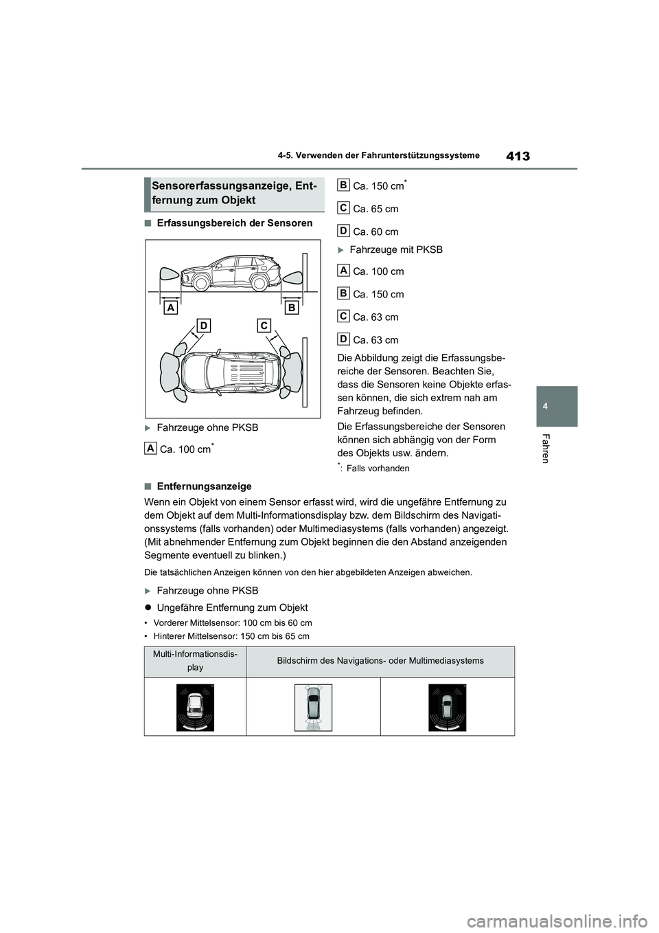TOYOTA RAV4 2019 Betriebsanleitungen (in German) 413
4 4-5. Verwenden der Fahrunterstützungssysteme
Fahren
■Erfassungsbereich der Sensoren
Fahrzeuge ohne PKSB
Ca. 100 cm
*
Ca. 150 cm*
Ca. 65 cm
Ca. 60 cm
Fahrzeuge mit PKSB
Ca. 100 cm
Ca. 15 TOYOTA RAV4 2019 Betriebsanleitungen (in German) 413
4 4-5. Verwenden der Fahrunterstützungssysteme
Fahren
■Erfassungsbereich der Sensoren
Fahrzeuge ohne PKSB
Ca. 100 cm
*
Ca. 150 cm*
Ca. 65 cm
Ca. 60 cm
Fahrzeuge mit PKSB
Ca. 100 cm
Ca. 15