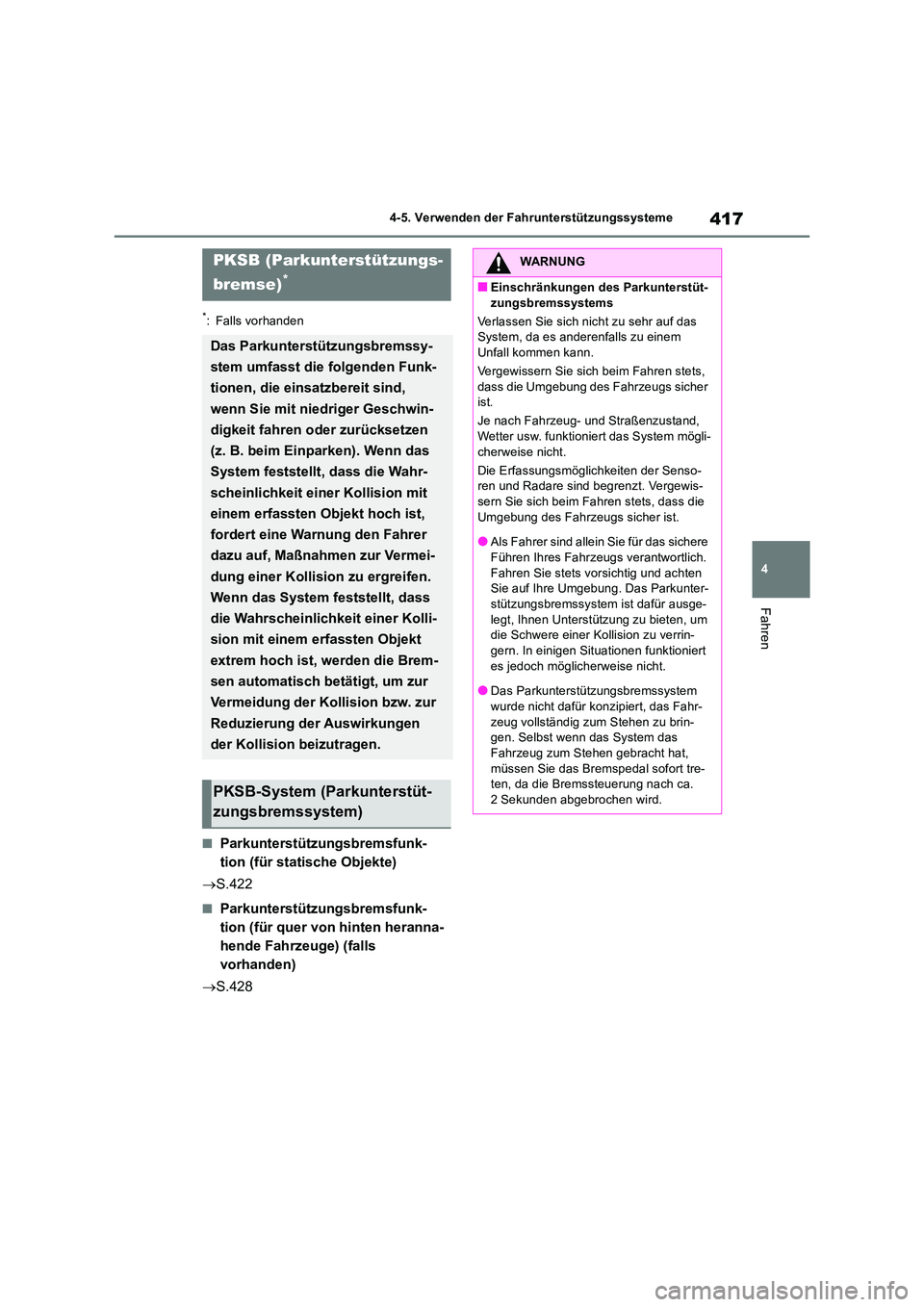TOYOTA RAV4 2019 Betriebsanleitungen (in German) 417
4
4-5. Verwenden der Fahrunterstützungssysteme
Fahren
*: Falls vorhanden
■Parkunterstützungsbremsfunk-
tion (für statische Objekte)
S.422
■Parkunterstützungsbremsfunk-
tion (für q TOYOTA RAV4 2019 Betriebsanleitungen (in German) 417
4
4-5. Verwenden der Fahrunterstützungssysteme
Fahren
*: Falls vorhanden
■Parkunterstützungsbremsfunk-
tion (für statische Objekte)
S.422
■Parkunterstützungsbremsfunk-
tion (für q