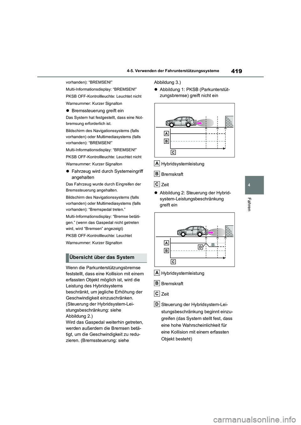 TOYOTA RAV4 2019 Betriebsanleitungen (in German) 419
4 4-5. Verwenden der Fahrunterstützungssysteme
Fahren
vorhanden): “BREMSEN!”
Multi-Informationsdisplay: “BREMSEN!”
PKSB OFF-Kontrollleuchte: Leuchtet nicht
Warnsummer: Kurzer Signalton
TOYOTA RAV4 2019 Betriebsanleitungen (in German) 419
4 4-5. Verwenden der Fahrunterstützungssysteme
Fahren
vorhanden): “BREMSEN!”
Multi-Informationsdisplay: “BREMSEN!”
PKSB OFF-Kontrollleuchte: Leuchtet nicht
Warnsummer: Kurzer Signalton