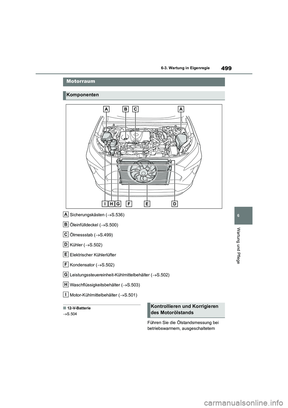 TOYOTA RAV4 2019  Betriebsanleitungen (in German) 499
6 6-3. Wartung in Eigenregie
Wartung und Pflege
Sicherungskästen (S.536)
Öleinfülldeckel (S.500)
Ölmessstab (S.499)
Kühler (S.502)
Elektrischer Kühlerlüfter
Kondensator (S.50