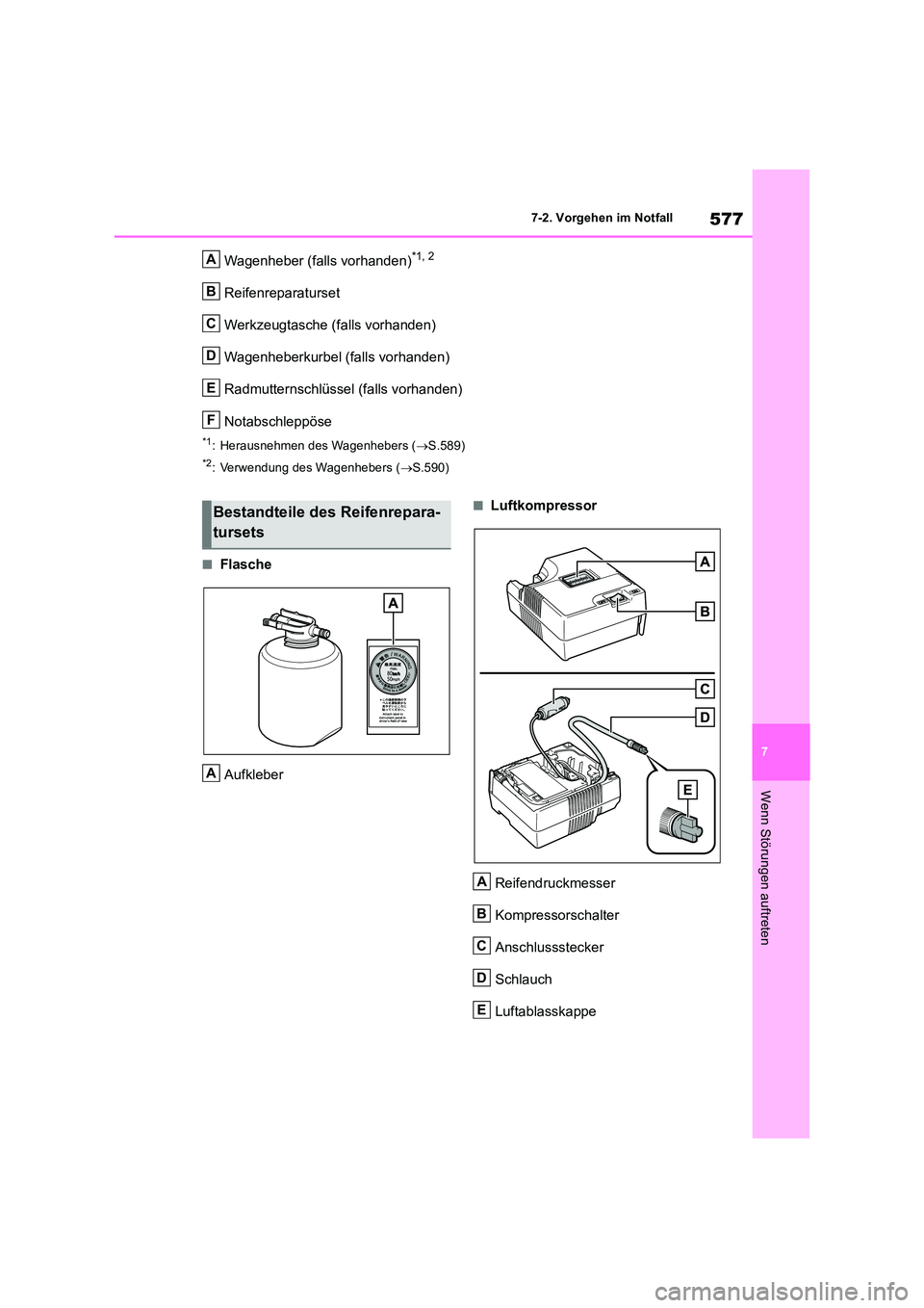TOYOTA RAV4 2019  Betriebsanleitungen (in German) 577
7 
7-2. Vorgehen im Notfall
Wenn Störungen auftreten
Wagenheber (falls vorhanden)*1, 2
Reifenreparaturset 
Werkzeugtasche (falls vorhanden) 
Wagenheberkurbel (falls vorhanden)
Radmutternschlüsse