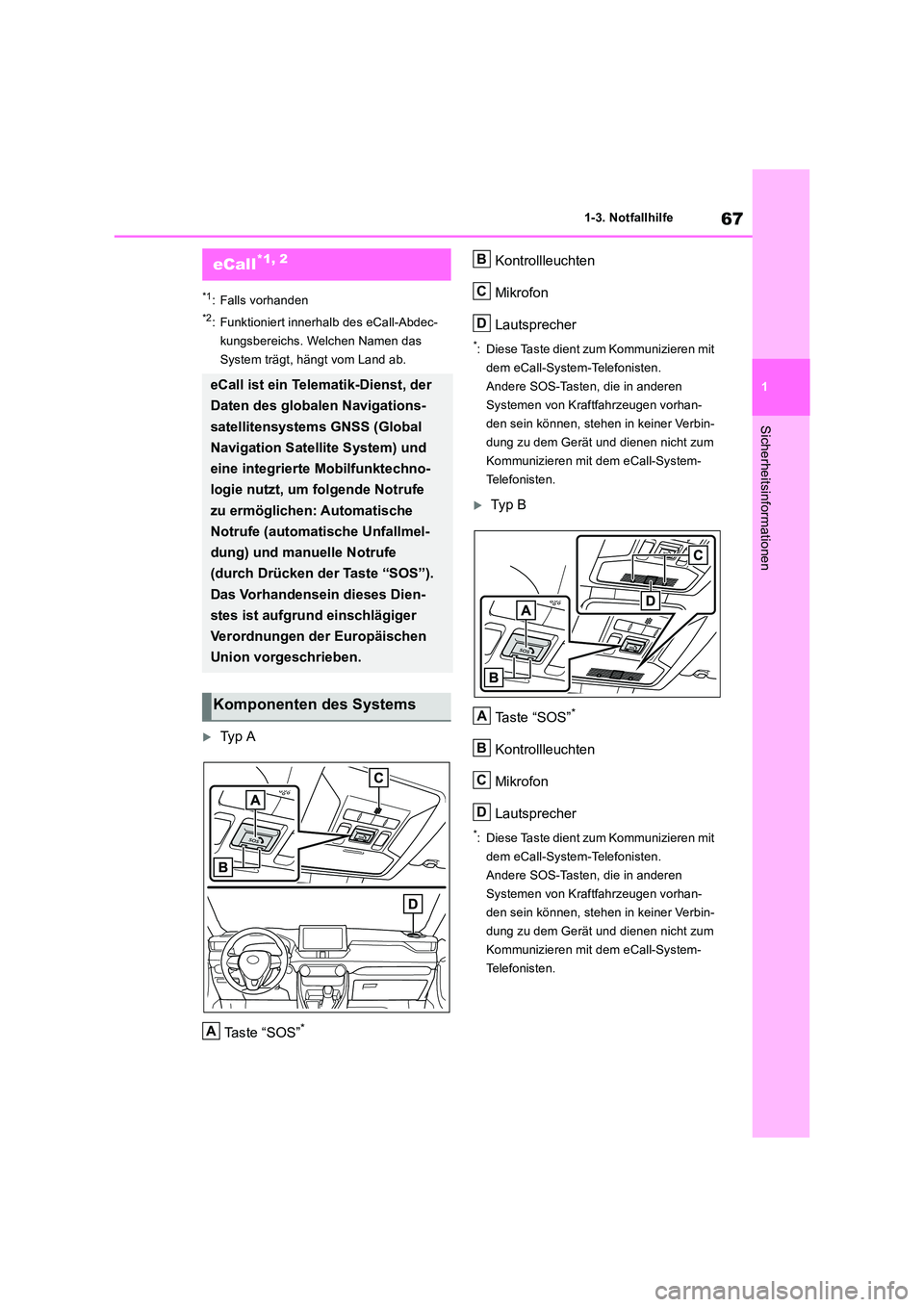 TOYOTA RAV4 2019 Betriebsanleitungen (in German) 67
1
1-3. Notfallhilfe
Sicherheitsinformationen
1-3.Notfallhilfe
*1: Falls vorhanden
*2: Funktioniert innerhalb des eCall-Abdec-
kungsbereichs. Welchen Namen das
System trägt, hängt vom Land ab.
TOYOTA RAV4 2019 Betriebsanleitungen (in German) 67
1
1-3. Notfallhilfe
Sicherheitsinformationen
1-3.Notfallhilfe
*1: Falls vorhanden
*2: Funktioniert innerhalb des eCall-Abdec-
kungsbereichs. Welchen Namen das
System trägt, hängt vom Land ab.