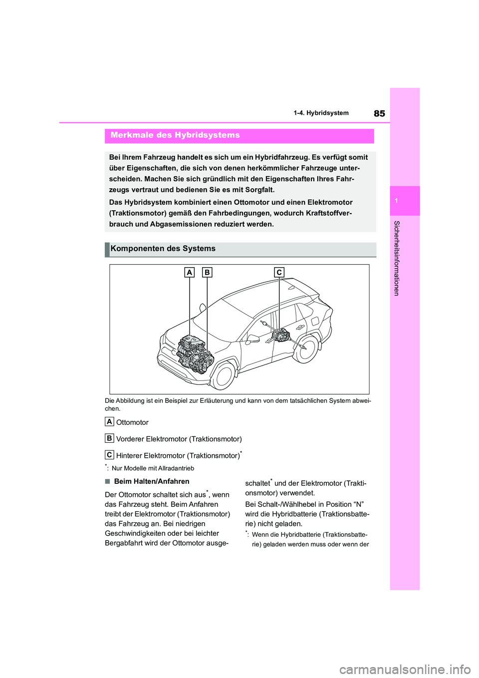 TOYOTA RAV4 2019 Betriebsanleitungen (in German) 85
1
1-4. Hybridsystem
Sicherheitsinformationen
1-4.Hybrid system
Die Abbildung ist ein Beispiel zur Erläuteru ng und kann von dem tatsächlichen System abwei- chen.
Ottomotor
Vorderer Elektromotor TOYOTA RAV4 2019 Betriebsanleitungen (in German) 85
1
1-4. Hybridsystem
Sicherheitsinformationen
1-4.Hybrid system
Die Abbildung ist ein Beispiel zur Erläuteru ng und kann von dem tatsächlichen System abwei- chen.
Ottomotor
Vorderer Elektromotor