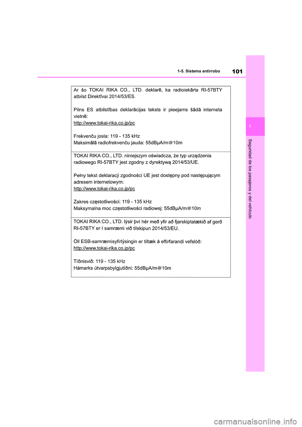 TOYOTA RAV4 2019  Manual del propietario (in Spanish) 101
1 
1-5. Sistema antirrobo
Seguridad de los pasajeros y del vehículo 