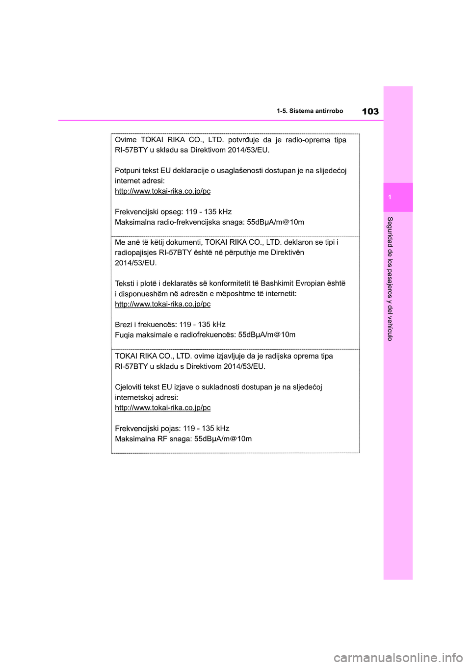 TOYOTA RAV4 2019  Manual del propietario (in Spanish) 103
1 
1-5. Sistema antirrobo
Seguridad de los pasajeros y del vehículo 