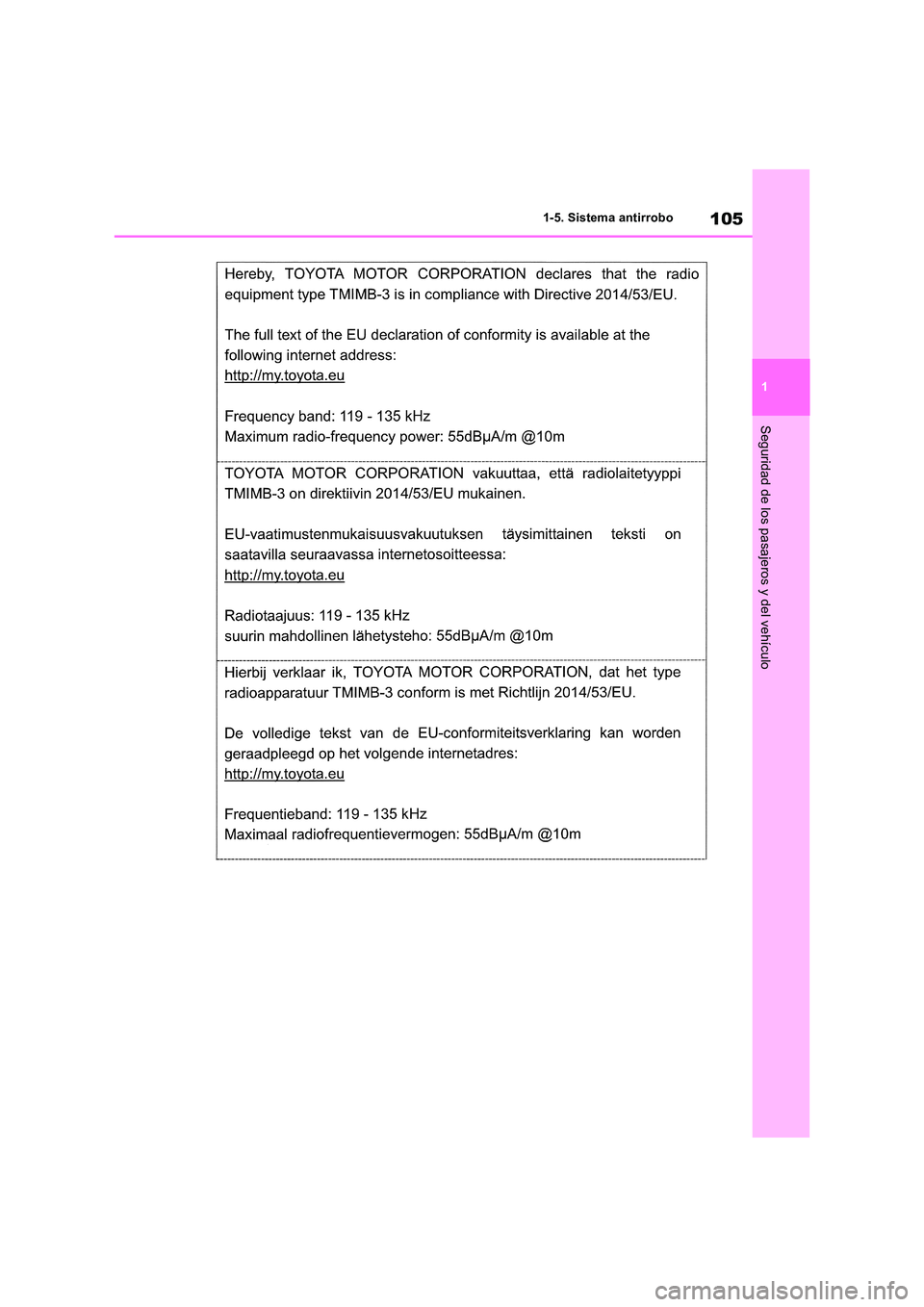 TOYOTA RAV4 2019  Manual del propietario (in Spanish) 105
1 
1-5. Sistema antirrobo
Seguridad de los pasajeros y del vehículo 