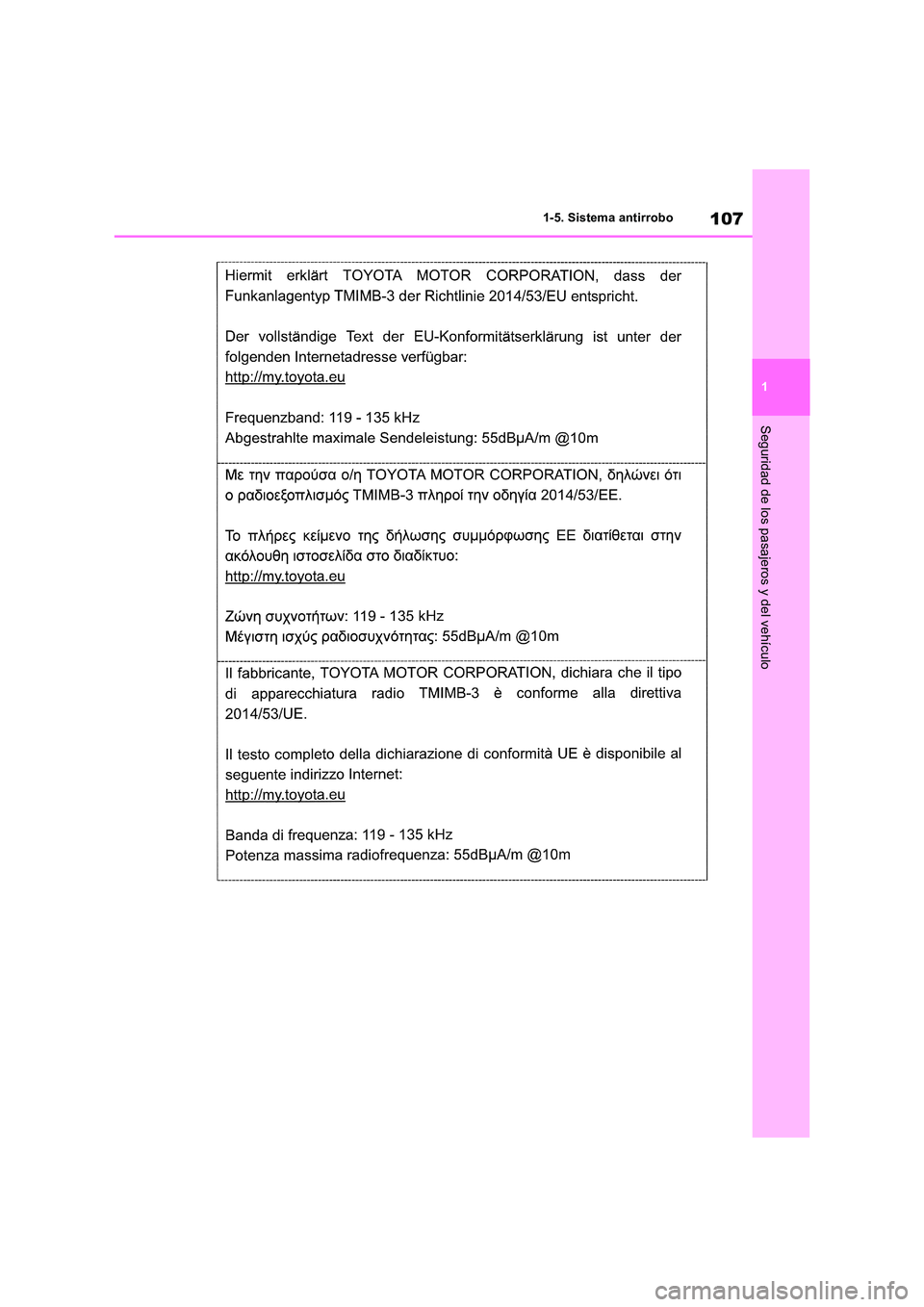 TOYOTA RAV4 2019  Manual del propietario (in Spanish) 107
1 
1-5. Sistema antirrobo
Seguridad de los pasajeros y del vehículo 